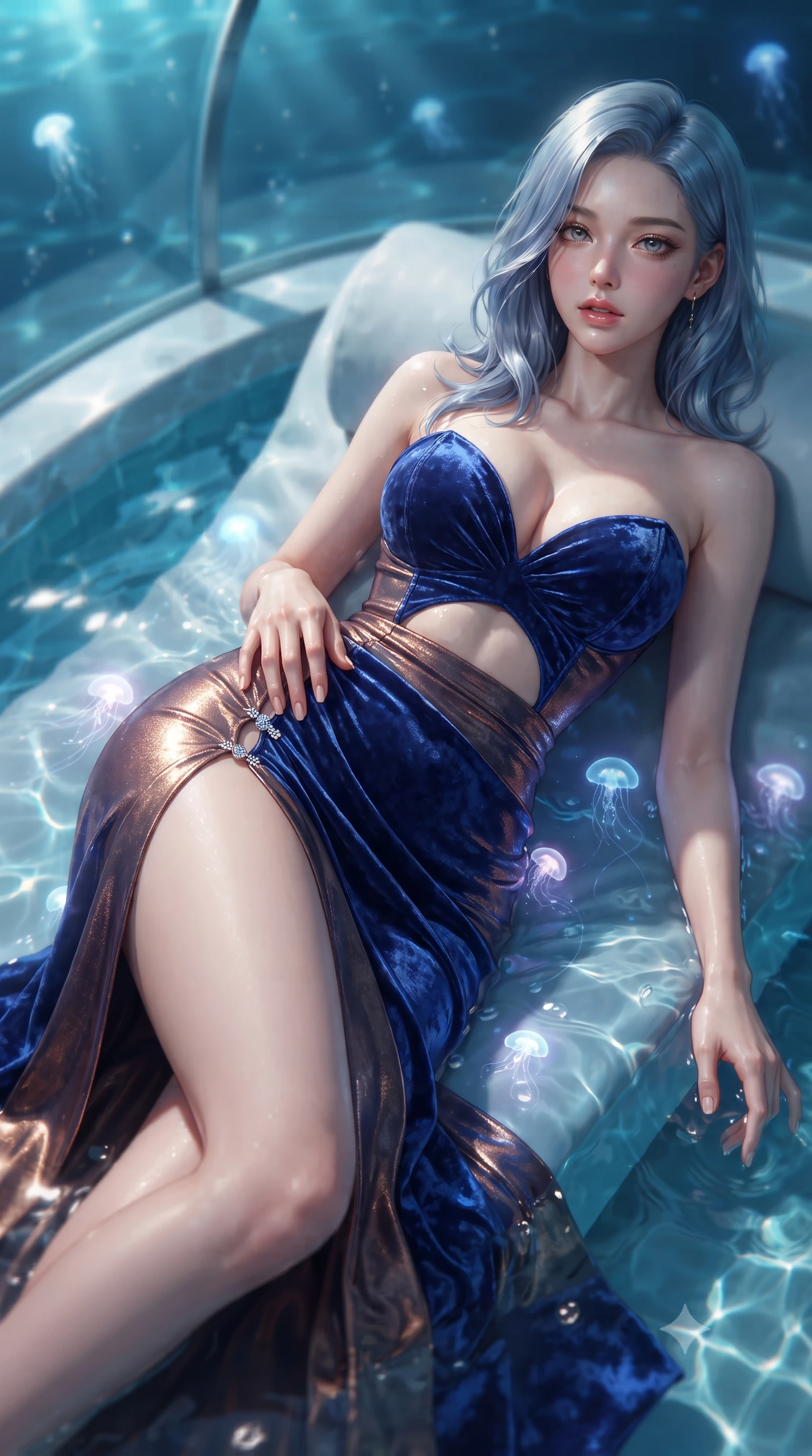 score_9, masterpiece, best quality, ultra-detailed, high-budget anime keyframe, editorial fashion photography, tasteful artistic composition, Korean woman. close-up cowboy shot from the waist and thighs up, the character dominates the composition, filling the frame with her large presence. resting one manicured hand delicately on her hip bone, her upper body turning in a fluid, seductive S-curve while parted lips glisten in the light while reclining languidly on a floating aquatic daybed with one knee bent, water ripples and bioluminescent jellyfish lights tracing her curvy hips. The composition keeps background elements in soft focus with creamy bokeh. submerged water caustics and curved acrylic wall reflections softened in romantic shallow focus. She has an exceptionally elegant, slender, and willowy female figure with an ultra-slim waist, flat toned midriff, narrow ribcage, and sculpted feminine hips creating an alluring, slim hourglass silhouette without bulk. sharp v-shaped jawline, high-bridge nose, intricate jewel-like eyes with depth, thick eyelashes, glossy parted lips with a natural sheen, intensely captivating and seductive bedroom-eyes expression, flawlessly proportioned anatomical accuracy, strict slender model proportions, natural body alignment, perfectly sculpted long slender limbs, ultra-slim waistline, clean dynamic posture without body distortion. wearing a deep sweetheart neckline crushed velvet corseted ballgown with an exposed midriff cutout in royal sapphire blue and liquid bronze, crafted from luxurious metallic lamé that shifts radiance with every step, finished with an ultra-high side slit secured by miniature jeweled clasps, the glove-like aerodynamic silhouette tightly following the natural contour of her hips and long slender legs with statuesque 8.5-heads elegance. illuminated by shimmering pool water caustics accentuating her bare collarbones, slender waist, and curvy hips. ultra-reflective glossy finish, specular highlights, rich textural contrasts, high-contrast stereoscopic depth, volumetric dynamic lighting, 2k, ultra detail, master piece, 9:16 ratio