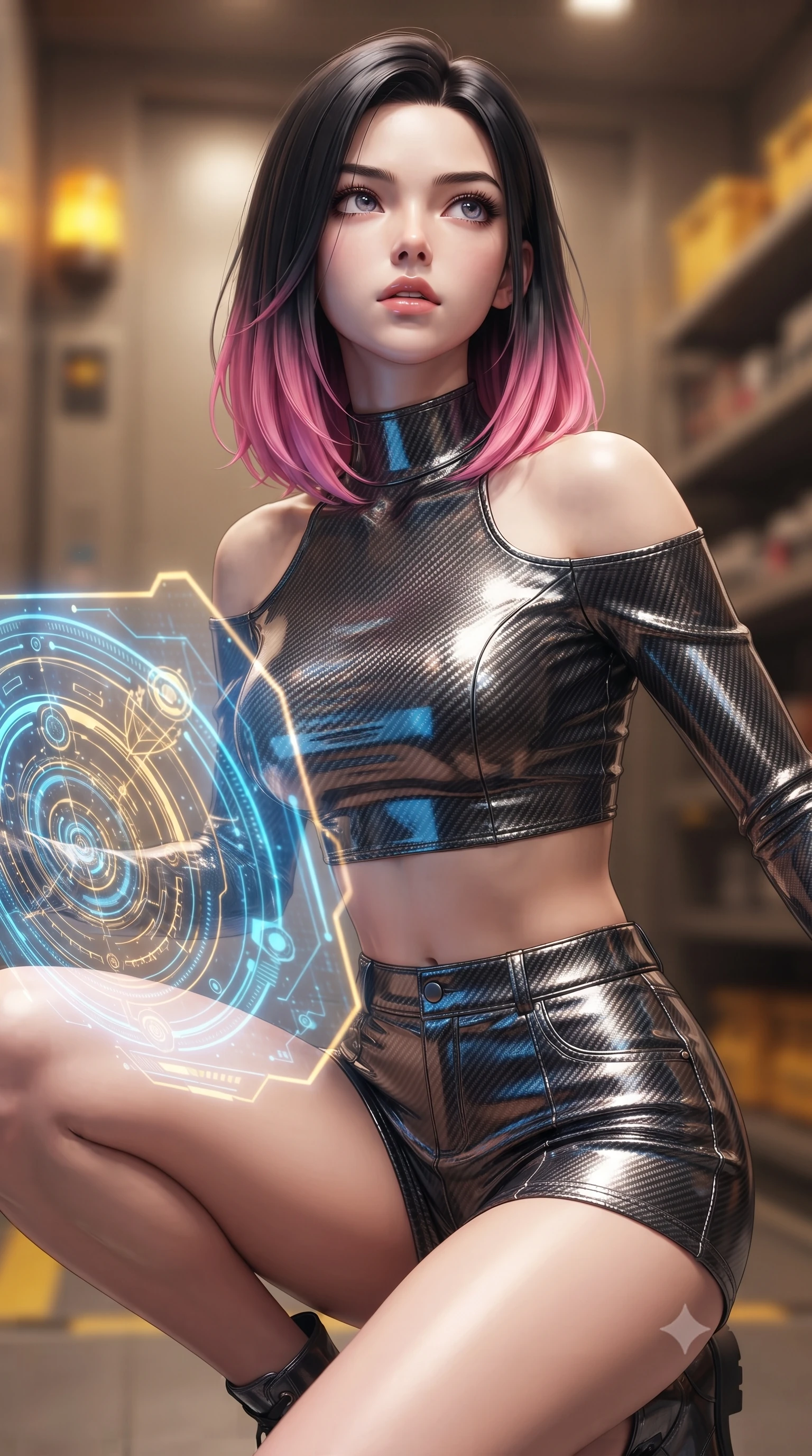 score_9, masterpiece, best quality, ultra-detailed, high-budget anime keyframe, editorial fashion photography, tasteful artistic composition, Korean woman. close-up cowboy shot from the waist and thighs up, the character dominates the composition, filling the frame with her large presence, background elements kept in soft focus. crouching slightly behind a glowing holographic shield emitter, looking up with defiance and lips slightly parted, the background shows a soft-focus a replicator cargo elevator platform with yellow beacons and safety racks. She has an exceptionally elegant, slender, and willowy female figure with an ultra-slim waist, a gracefully sculpted slender torso, and a refined silhouette. sharp v-shaped jawline, high-bridge nose, intricate jewel-like eyes with depth, thick eyelashes, glossy lips with a natural sheen. wearing a body-hugging chic off-shoulder carbon-plate crop top, paired with high-waisted utility micro-shorts. dynamic moving light beams from passing elevator shaft signal lamps. ultra-reflective glossy finish, specular highlights, metallic sheen, high-contrast stereoscopic depth, volumetric dynamic lighting, 2k, ultra detail, master piece, 9:16 ratio