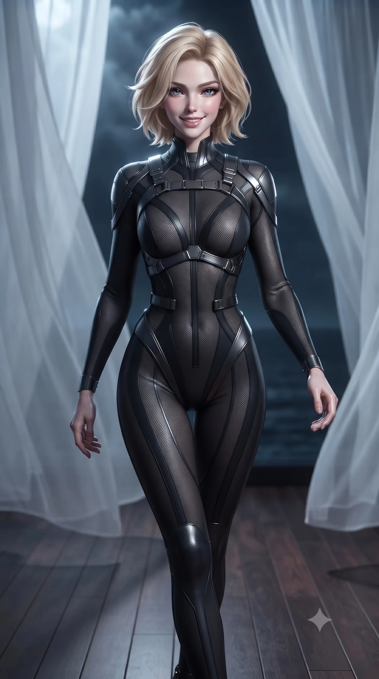 score_9, masterpiece, best quality, ultra-detailed, high-budget anime keyframe, editorial fashion photography, tasteful artistic composition, Caucasian woman. close-up cowboy shot from the waist and thighs up, the character dominates the composition, filling the frame with her large presence, background elements kept in soft focus. Smiling with quiet, magnetic self-assurance directly into the camera, walking across a polished teak floor surrounded by floating sheer white curtains, smooth skin finish sparkling under cold moonlight rim lighting. She has an exceptionally elegant, slender, and willowy female figure with an ultra-slim waist, a gracefully sculpted slender torso, and a refined silhouette. sharp v-shaped jawline, high-bridge nose, intricate jewel-like eyes with depth, thick eyelashes, glossy lips with a natural sheen. wearing second-skin matte carbon-fiber combat suit in onyx black in dark charcoal gray, made of fine dark contouring mesh, highlighted by a gunmetal metallic harness structure, accentuating her gracefully sculpted slender torso. lit by quiet moonlight key rays piercing through dark ocean air. ultra-reflective glossy finish, specular highlights, metallic sheen, high-contrast stereoscopic depth, volumetric dynamic lighting, 2k, ultra detail, master piece, 9:16 ratio