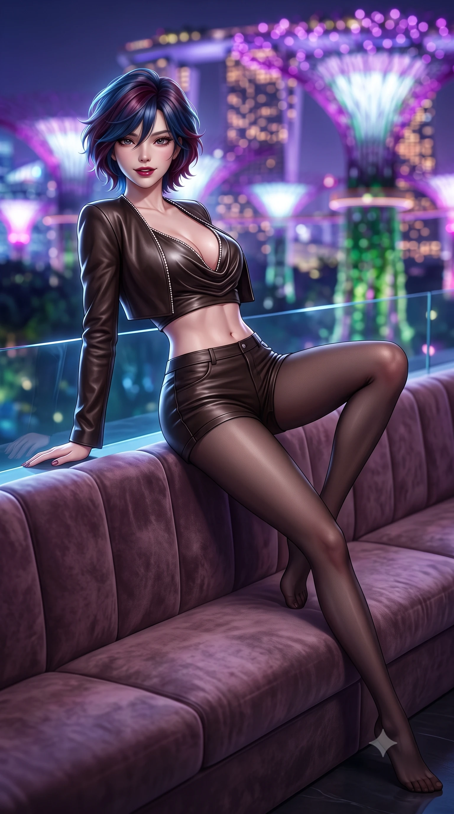 score_9, masterpiece, best quality, ultra-detailed, high-budget anime keyframe, semi-realistic 3D game render, editorial fashion photography, tasteful artistic composition, Korean woman. low angle full-body shot from head to toe showing her feet, filling the entire 9:16 vertical frame with her statuesque presence, stretching her vertical silhouette. reclining languidly across the velvet banquette with one knee bent and hips angled toward the camera, displaying her toned midriff and long slender limbs with effortless sensual charisma while leaning against the minimalist infinity glass edge propped on one hand, flashing a smoldering, playful half-smile with parted glossy lips. The composition keeps background elements in soft focus with dreamy creamy bokeh. the futuristic Singapore skyline and Supertree Grove light sculptures blurred into dazzling electric violet, magenta, and emerald bokeh. She has an exceptionally tall and slender model-like 8.5-heads proportion, an ultra-slim waist, a flat toned midriff, narrow delicate ribcage, and beautifully sculpted feminine hips creating a graceful, slim hourglass silhouette without any bulky heaviness, with impossibly long slender legs. sharp v-shaped jawline, high-bridge nose, intricate jewel-like dark sparkling eyes with dangerous depth, thick curled eyelashes, glossy parted lips with a rich wine sheen, smoldering seductive half-smile with bedroom-eyes, exuding effortless superiority and intoxicating dark allure, flawlessly proportioned anatomical accuracy, strict slender model proportions, natural body alignment, perfectly sculpted long slender limbs, ultra-slim waistline, clean dynamic posture without body distortion. wearing a chic cropped lambskin leather bolero jacket paired with high-waisted leather micro-shorts and sheer black hosiery in dark espresso brown and pearlescent ivory, crafted from heavy fluid silk satin with a liquid mirror-like drape, finished with subtle crystal rhinestones lining the plunging neckline, the precision-cut side openings and low-back scoop framing her graceful spine and the sensual sweep of her slim, toned hips. illuminated by underwater pool LED downlights and crisp silver rim lighting sharply sculpting her razor-sharp jawline, narrow waist, and curvy hips. highly saturated vibrant anime colors, detailed shading with soft gradients, rich glossy textures, high-contrast stereoscopic depth, volumetric dynamic lighting, master piece, 9:16 ratio