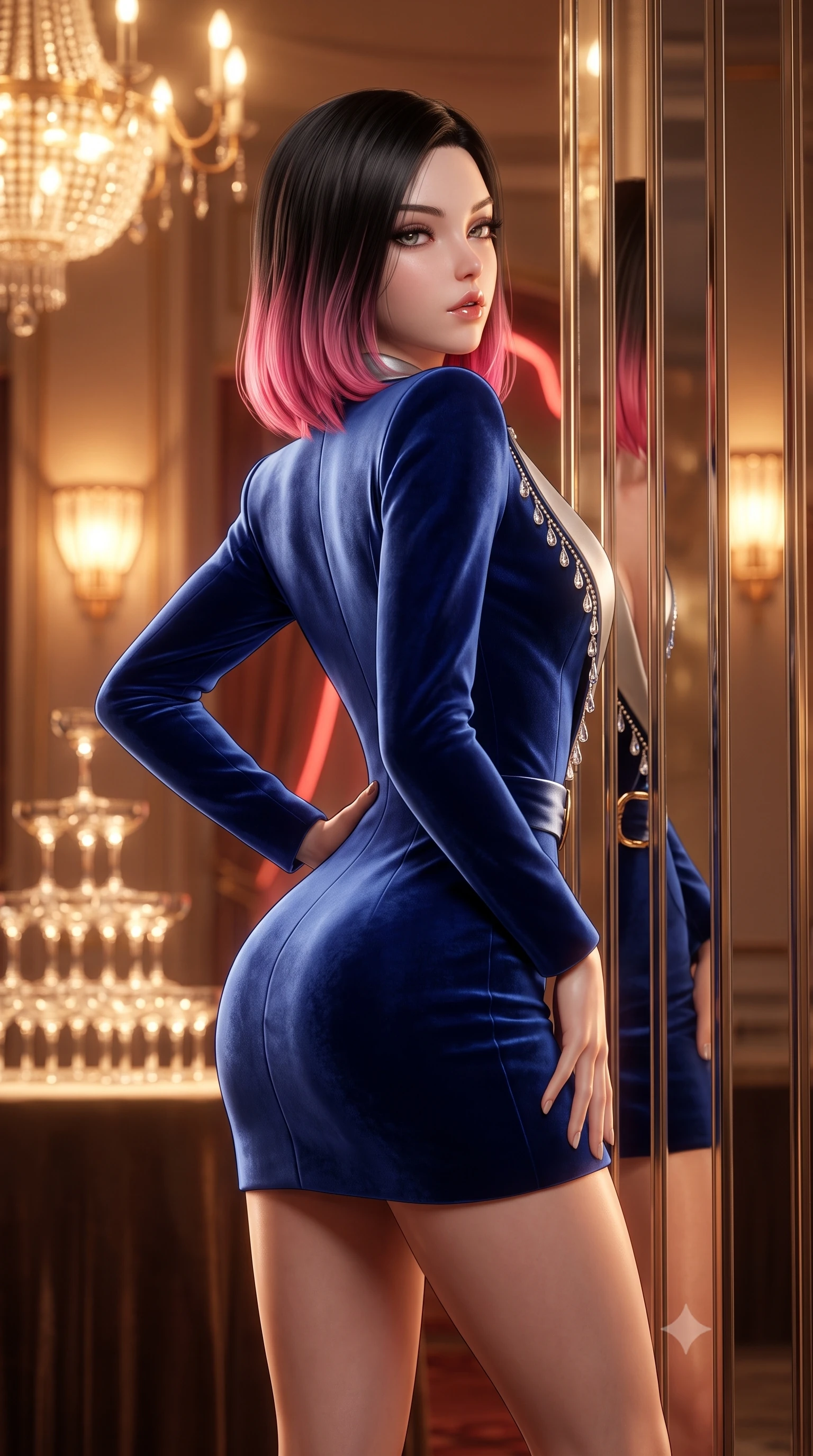 score_9, masterpiece, best quality, ultra-detailed, high-budget anime keyframe, semi-realistic 3D game render, editorial fashion photography, tasteful artistic composition, Korean woman. close-up cowboy shot from the waist and thighs up, the character dominates the composition, filling the frame with her large presence. posing in an alluring rear three-quarter angle, arching her lower back in a pronounced S-curve with one hand on her hip, glancing seductively over her bare shoulder with parted glossy lips while leaning back against a mirrored art deco column with hips cocked, casting a smoky, seductive bedroom-gaze past the camera. The composition keeps background elements in soft focus with creamy bokeh. towering crystal champagne pyramids and glowing art-deco wall sconces blurred into warm champagne, whiskey-gold, and ruby bokeh. She has an exceptionally elegant, slender, and willowy female figure with an ultra-slim waist, a gracefully sculpted slender torso, toned flat midriff, and rounded feminine hips creating an alluring hourglass silhouette. sharp v-shaped jawline, high-bridge nose, intricate jewel-like eyes with depth, thick eyelashes, glossy parted lips with a natural sheen, intensely captivating and seductive bedroom-eyes expression, flawlessly proportioned anatomical accuracy, strict slender model proportions, natural body alignment, perfectly sculpted long slender limbs, ultra-slim waistline, clean dynamic posture without body distortion. wearing a tailored tuxedo jacket dress with satin lapels, worn with a deep plunge neckline and gold hip buckle in royal sapphire blue and platinum silver, crafted from heavyweight crushed silk velvet with liquid vintage luster, accented with delicate crystal teardrop pendants outlining the plunging neckline, the form-contouring material adhering flawlessly to her sculpted flat midriff and slender torso, emphasizing her long leg lines and perfectly proportioned willowy build. bathed in warm incandescent chandelier warmth and vintage amber neon glow. highly saturated vibrant anime colors, detailed shading with soft gradients, rich glossy textures, high-contrast stereoscopic depth, volumetric dynamic lighting, master piece, 9:16 ratio