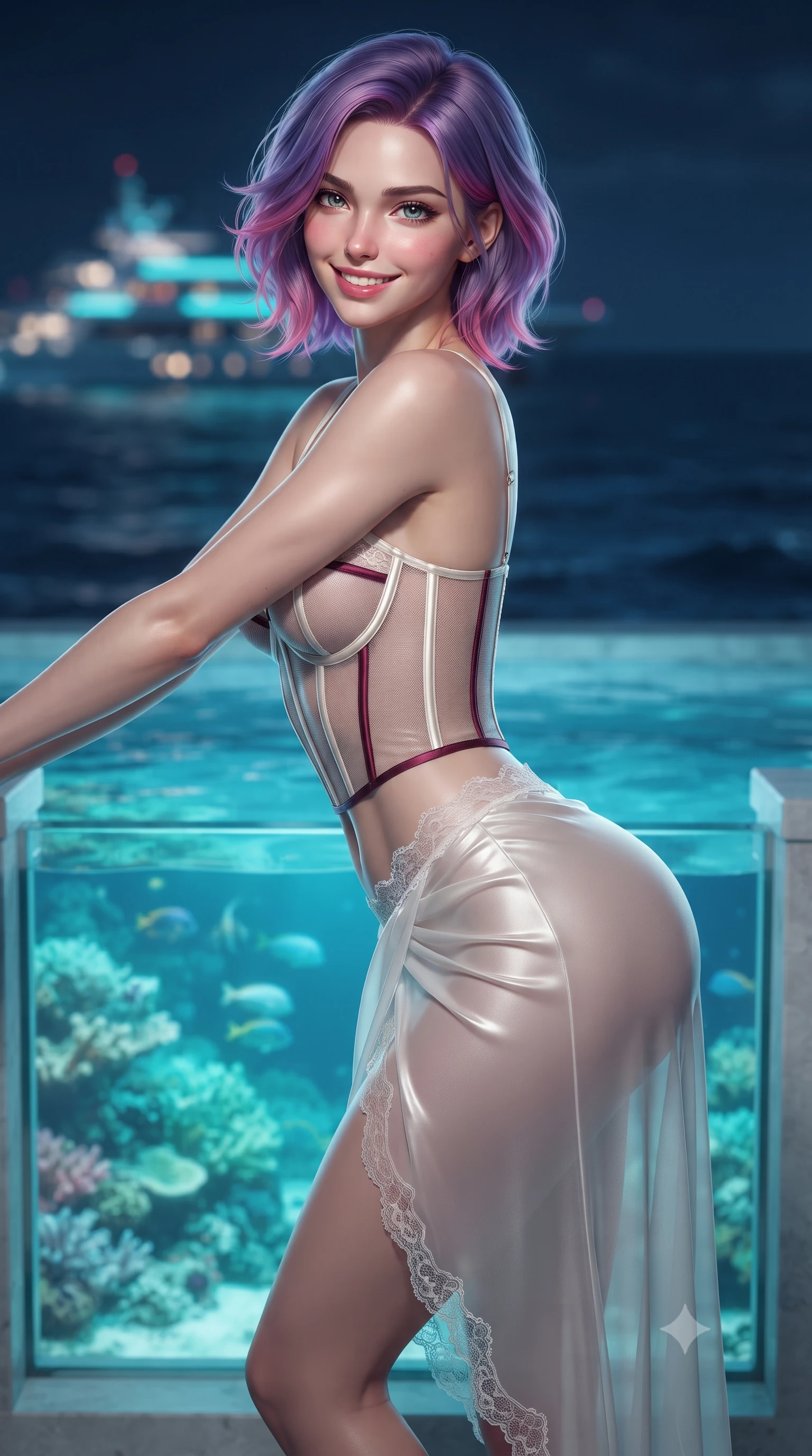 score_9, masterpiece, best quality, ultra-detailed, high-budget anime keyframe, editorial fashion photography, tasteful artistic composition, Caucasian woman. close-up cowboy shot from the waist and thighs up, the character dominates the composition, filling the frame with her large presence. leaning forward while arching her lower back to accentuate her curvy hips, looking into the camera with an intoxicating smoldering gaze and bedroom-eyes while twisting her slender torso in an alluring contrapposto stance beside the private plunge pool, underwater reef lights wrapping around her narrow waist and hips. The background shows a soft-focus illuminated turquoise coral reefs with swimming tropical fish below glass, gentle midnight sea waves, and distant superyacht anchor lights blurred into electric cyan, coral, and navy bokeh. She has an exceptionally elegant, slender, and willowy female figure with an ultra-slim waist, flat toned midriff, narrow ribcage, and sculpted feminine hips creating an alluring, slim hourglass silhouette without bulk. sharp v-shaped jawline, high-bridge nose, intricate jewel-like sparkling eyes with depth, thick eyelashes, glossy parted lips with a natural peach sheen, bright cheerful beaming smile with an enchanting and coquettish sensual glint, exuding both youthful cute charm and seductive allure, flawlessly proportioned anatomical accuracy, strict slender model proportions, natural body alignment, perfectly sculpted long slender limbs, ultra-slim waistline, clean dynamic posture without body distortion. wearing a provocative translucent mesh corset bodice with boned satin channels paired with a sheer chiffon wrap maxi skirt in Belvedere ivory pearl and Habsburg bordeaux wine, crafted from fluid liquid silk satin that clings smoothly to her narrow waist and rounded hips with a dewy sheen, finished with scalloped eyelash lace trim framing her sweetheart neckline with intimate elegance, the form-contouring silhouette accentuating her sculpted flat midriff, narrow delicate ribcage, and gracefully curvy hips with intoxicating allure. illuminated by reef water caustics bounce and sharp platinum-cyan rim lights sculpting her jawline, narrow waist, and curvy hips. ultra-reflective glossy finish, specular highlights, rich textural contrasts, high-contrast stereoscopic depth, volumetric dynamic lighting, 2k, ultra detail, master piece, 9:16 ratio