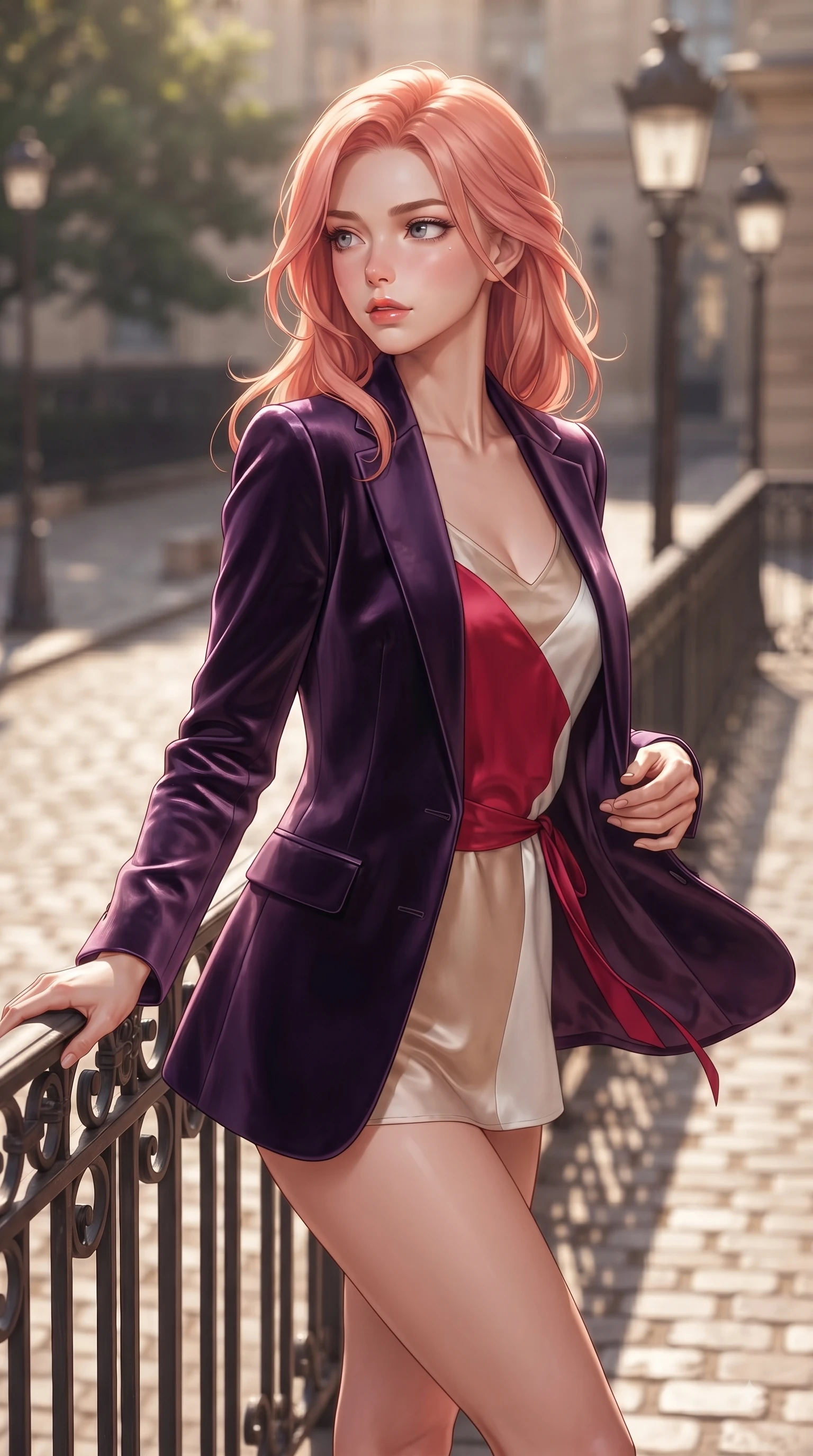 score_9, masterpiece, best quality, ultra-detailed, high-budget anime keyframe, editorial fashion photography, tasteful artistic composition, Japanese woman. close-up cowboy shot from the waist and thighs up, the character dominates the composition, filling the frame with her large presence. Tender lingering expression with a quiet reluctant backward glance, as if hesitating to leave the moment while pivoting dynamically near a sunlit wrought-iron balcony as a warm afternoon breeze billows her outfit. The composition keeps background elements in soft focus with dreamy bokeh. sunlit cobblestones and vintage street lamps softened in a dreamy editorial depth of field. She has an exceptionally elegant, slender, and willowy female figure with an ultra-slim waist, a gracefully sculpted slender torso, and a refined silhouette. sharp v-shaped jawline, high-bridge nose, intricate jewel-like eyes with depth, thick eyelashes, glossy lips with a natural sheen, flawlessly proportioned anatomical accuracy, natural body alignment, perfectly sculpted elegant limbs, clean dynamic posture without body distortion. wearing a deep amethyst purple velvet blazer over a silky champagne camisole in vibrant crimson red and crisp snow white, tailored from crisp high-density cotton poplin, accented with a delicate side waist sash creating fluid lines, the form-contouring material accentuating her ultra-slim waist and long lines. surrounded by a sophisticated, cinematic, and timeless European editorial aura. ultra-reflective glossy finish, specular highlights, metallic sheen, high-contrast stereoscopic depth, volumetric dynamic lighting, 2k, ultra detail, master piece, 9:16 ratio