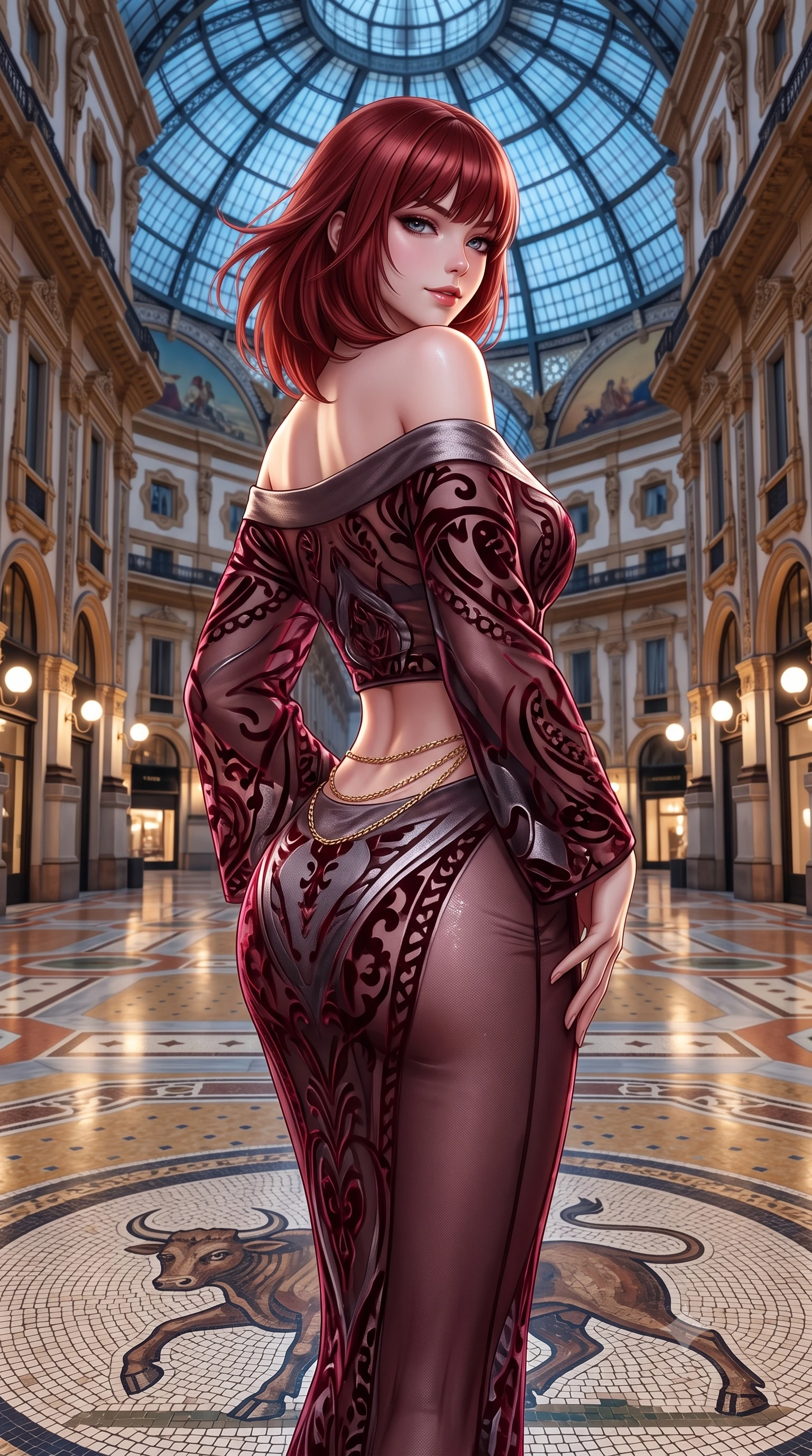 score_9, masterpiece, best quality, ultra-detailed, high-budget anime keyframe, semi-realistic 3D game render, editorial fashion photography, tasteful artistic composition, Caucasian woman. close-up cowboy shot from the waist and thighs up, the character dominates the composition, filling the frame with her large presence. turning over a bare shoulder with an intoxicating, teasing smile, her soft hair framing her sharp jawline as her hips angle gracefully while pausing at the center of the famous mosaic bull floor with hips cocked back, glancing over a bare shoulder with an audacious, haute-couture smile. The surrounding environment is rendered in vivid detail and crisp panoramic clarity. sharp marble mosaic floor tesserae, iron roof truss rivets, and neoclassical facade moldings in deep focus. She has an exceptionally elegant, slender, and willowy female figure with an ultra-slim waist, flat toned midriff, narrow ribcage, and sculpted feminine hips creating an alluring, slim hourglass silhouette without bulk. sharp v-shaped jawline, high-bridge nose, intricate jewel-like eyes with depth, thick eyelashes, glossy parted lips with a natural sheen, intensely captivating and seductive bedroom-eyes expression, flawlessly proportioned anatomical accuracy, strict slender model proportions, natural body alignment, perfectly sculpted long slender limbs, ultra-slim waistline, clean dynamic posture without body distortion. wearing a delicate semi-translucent silk yukata that clings to her wet skin and curvy hip contours in deep wine burgundy and brushed dark platinum, made of sheer contouring power-mesh with velvet flocking patterns, accented with a delicate gold chain belt resting loosely on her curvy hips, the form-contouring material adhering flawlessly to her sculpted flat midriff and slender torso, emphasizing her long leg lines and perfectly proportioned willowy build. bathed in soft architectural boutique spotlighting contrasting with cool midnight skylight through the glass dome. highly saturated vibrant anime colors, detailed shading with soft gradients, rich glossy textures, high-contrast stereoscopic depth, volumetric dynamic lighting, master piece, 9:16 ratio