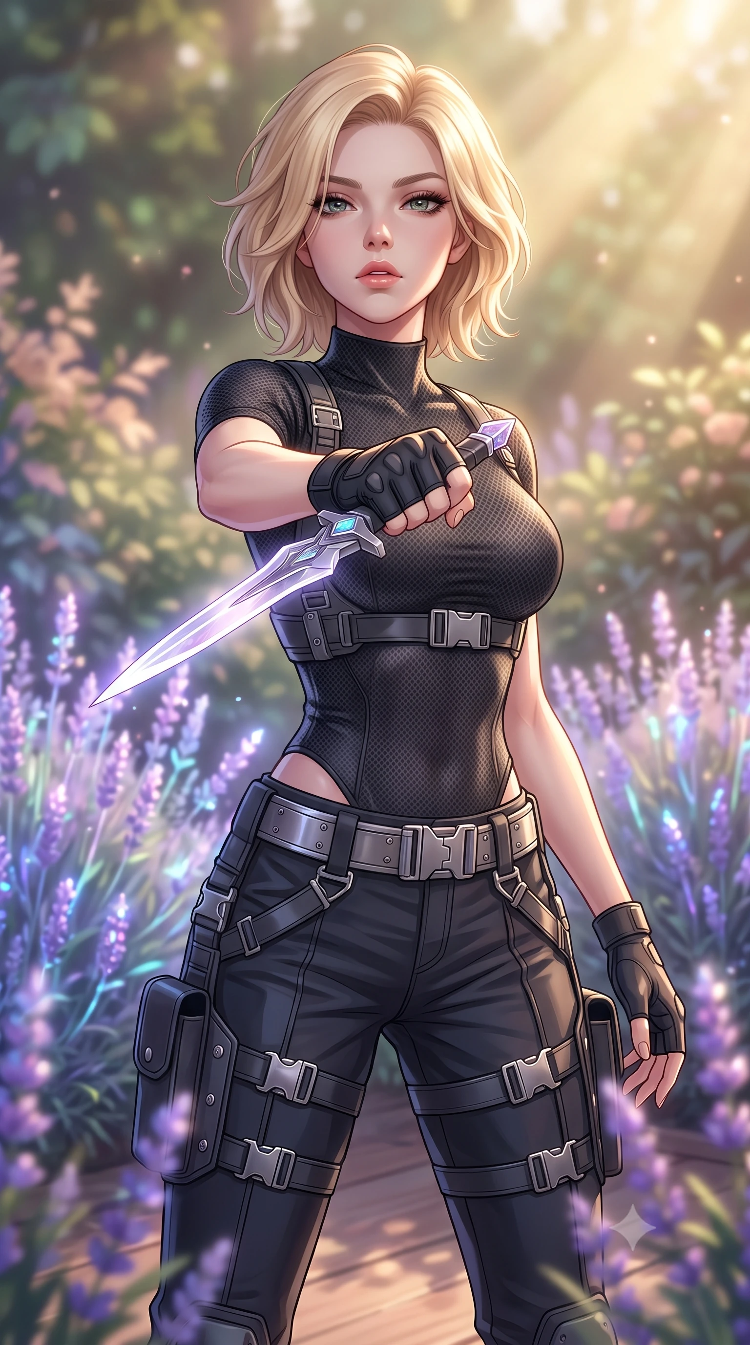 score_9, masterpiece, best quality, ultra-detailed, high-budget anime keyframe, editorial fashion photography, tasteful artistic composition, Caucasian woman. close-up cowboy shot from the waist and thighs up, the character dominates the composition, filling the frame with her large presence, background elements kept in soft focus. pointing a crystal-edged laser dagger forward in a defensive stance, tilting her chin up slightly with lips parted in a composed pose, the background shows a soft-focus a private garden deck at a retreat, surrounded by wild holographic lavender bushes. She has an exceptionally elegant, slender, and willowy female figure with an ultra-slim waist, a gracefully sculpted slender torso, and a refined silhouette. sharp v-shaped jawline, high-bridge nose, intricate jewel-like eyes with depth, thick eyelashes, glossy lips with a natural sheen. wearing a body-hugging high-neck carbon-mesh tactical shirt tucked into structured combat trousers with metallic utility belts. soft golden afternoon sunbeams, casting a peaceful country glow. highly saturated vibrant anime colors, detailed shading with soft gradients, rich glossy textures, high-contrast stereoscopic depth, volumetric dynamic lighting, master piece, 9:16 ratio
