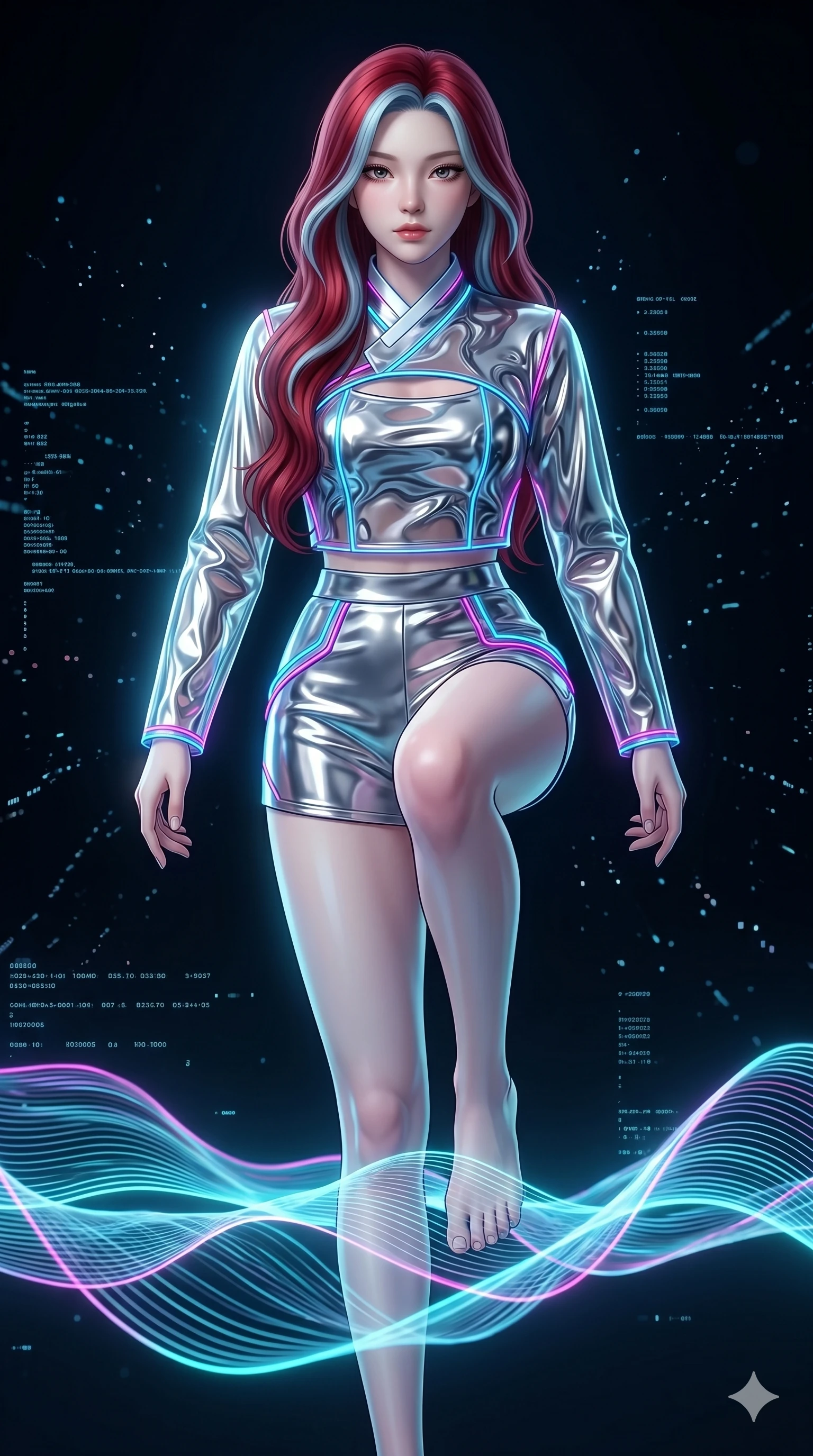 score_9, masterpiece, best quality, ultra-detailed, high-budget anime keyframe, Korean woman. upper body close-up from the thighs up, character filling the screen for maximum presence. stepping on holographic fluid ribbons of sound that ripple with cyan and magenta light in a dark virtual void. She has an absolutely perfect 8-heads proportion, an exceptionally tall and slender female figure with impossibly long slender legs and an ultra-slim waist. V-shaped jawline, high-bridge nose, intricate jewel-like eyes with depth, thick eyelashes, glossy lips with a natural sheen.. wearing a vinyl liquid mercury fusion hanbok, featuring a translucent chrome-silver vinyl jeogori and high-waist micro-shorts, detailed with glowing neon wire trims and a tasteful chest slit. lit by a soft glowing ambient light and a sharp side key light that traces the sleek contours of her athletic build. 2k, ultra detail, master piece, 9:16 ratio