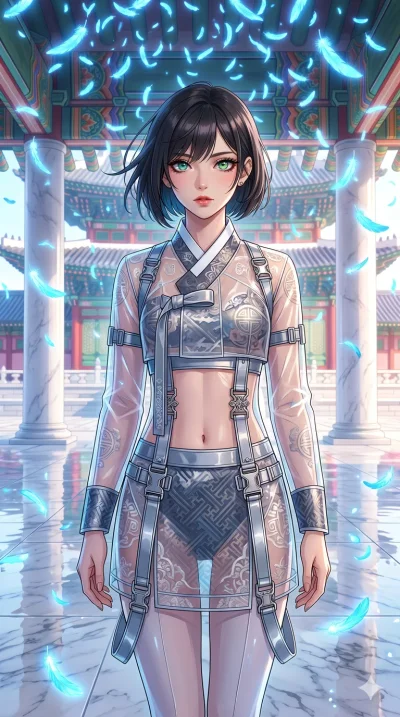 첨부의 캐릭터를 고정하여 얼굴과 몸매만 유지, score_9, masterpiece, best quality, ultra-detailed, Set C: High-budget Anime Keyframe, Korean woman. Upper body close-up from the thighs up, character filling the screen for maximum presence. Standing in a rain of blue feath