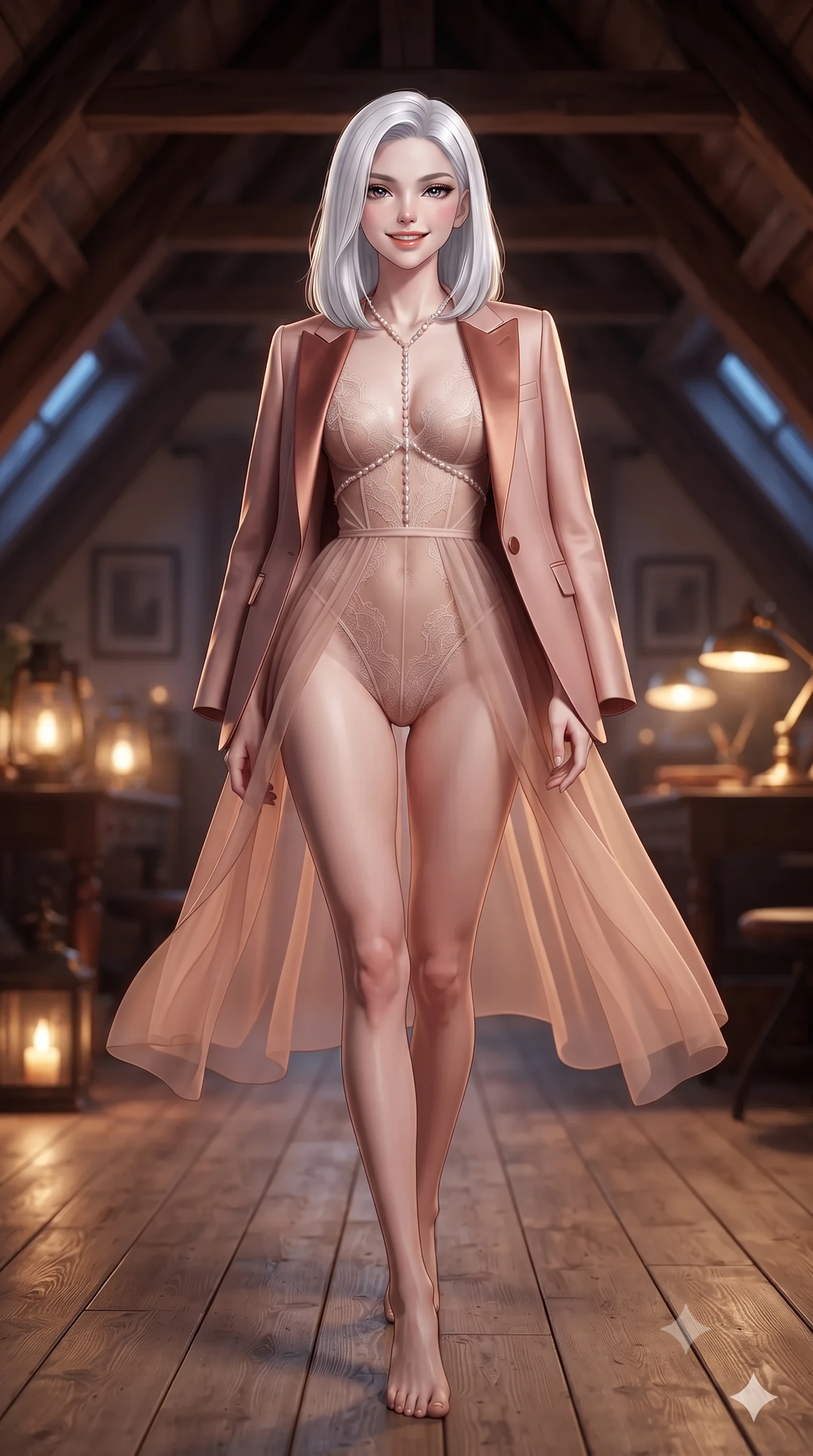 score_9, masterpiece, best quality, ultra-detailed, high-budget anime keyframe, editorial fashion photography, tasteful artistic composition, Korean woman. low angle full-body shot from head to toe showing her feet, filling the entire 9:16 vertical frame with her statuesque presence, stretching her vertical silhouette. stepping forward in a confident stride, her long slender legs and curvaceous hips creating a dynamic, sweeping vertical line while standing poised on the wide-plank oak floor beneath centuries-old exposed ship-timber roof trusses, arching her back with siren allure as evening lantern light flickers. The background shows a soft-focus warm studio lamp glow softened in historic Impressionist port shallow focus. She has an exceptionally tall and slender model-like 8.5-heads proportion, an ultra-slim waist, a flat toned midriff, narrow delicate ribcage, and beautifully sculpted feminine hips creating a graceful, slim hourglass silhouette without any bulky heaviness, with impossibly long slender legs. sharp v-shaped jawline, high-bridge nose, intricate jewel-like sparkling eyes with depth, thick eyelashes, glossy parted lips with a natural peach sheen, bright cheerful beaming smile with an enchanting and coquettish sensual glint, exuding both youthful cute charm and seductive allure, flawlessly proportioned anatomical accuracy, strict slender model proportions, natural body alignment, perfectly sculpted long slender limbs, ultra-slim waistline, clean dynamic posture without body distortion. wearing a delicate sheer French Chantilly lace teddy layered under an open tailored tuxedo blazer draped over bare shoulders in rose-quartz blush and burnished copper, made of sheer gossamer chiffon that drapes softly against skin with airy translucence, accented with a pearl-drop body harness subtly framing her dewy collarbones and spine, the glove-like clinging cut tightly following the natural contour of her hips and long slender legs with youthful 8.5-heads elegance. bathed in the warm intimate 2400K glow of brass desk lamps mixed with blue twilight pouring through dormer windows. ultra-reflective glossy finish, specular highlights, rich textural contrasts, high-contrast stereoscopic depth, volumetric dynamic lighting, 2k, ultra detail, master piece, 9:16 ratio
