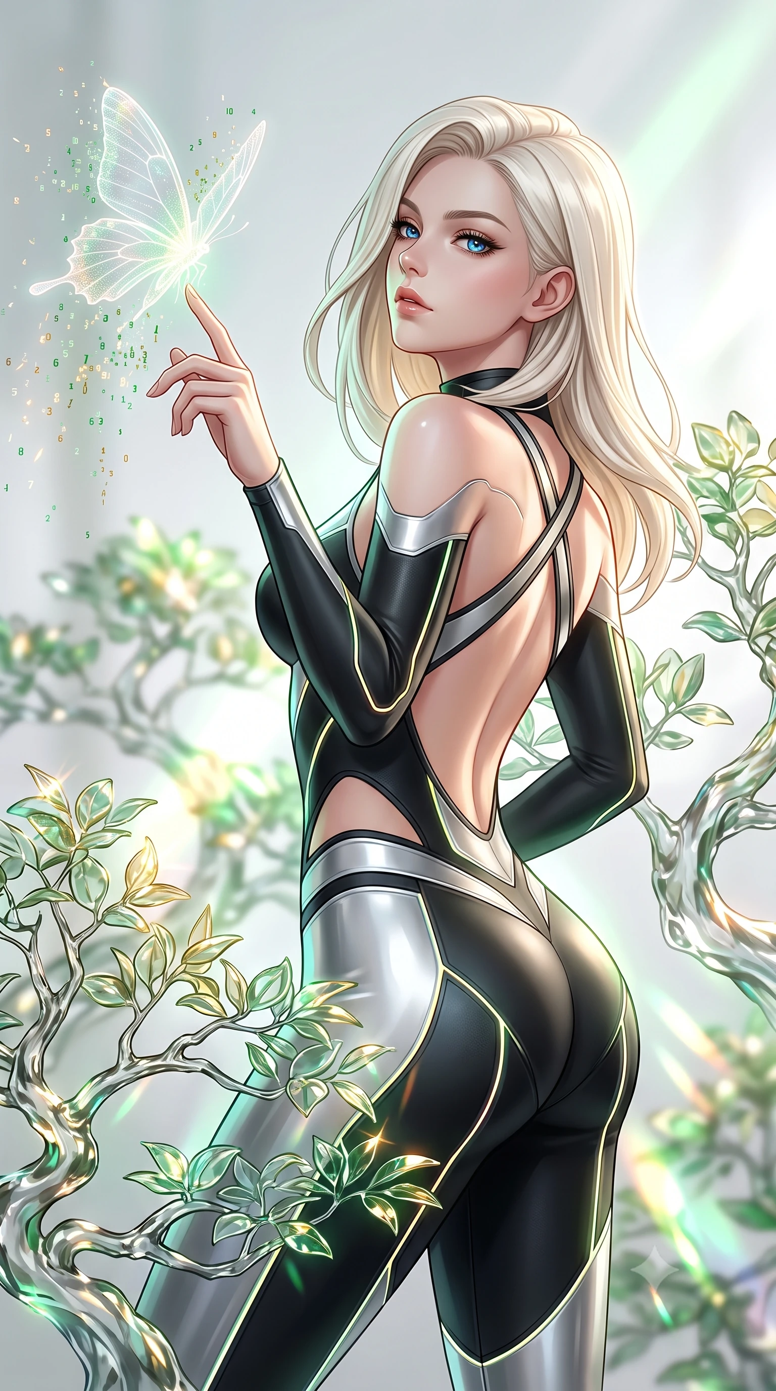 score_9, masterpiece, best quality, ultra-detailed, high-budget anime keyframe, editorial fashion photography, tasteful artistic composition, Caucasian woman. close-up cowboy shot from the waist and thighs up, the character dominates the composition, filling the frame with her large presence, background elements kept in soft focus. Tilting her chin up with an air of effortless superiority while balancing dynamically amidst the scene while reaching her hand out to touch a floating holographic butterfly dispersing code sparks, translucent glass bonsai leaves reflecting vibrant emerald and gold sunbursts. She has an exceptionally elegant, slender, and willowy female figure with an ultra-slim waist, a gracefully sculpted slender torso, and a refined silhouette. sharp v-shaped jawline, high-bridge nose, intricate jewel-like eyes with depth, thick eyelashes, glossy lips with a natural sheen, flawlessly proportioned anatomical accuracy, natural body alignment, perfectly sculpted elegant limbs, clean dynamic posture without body distortion. wearing a skin-tight cybernetic bodysuit with glowing neon seams and side cutouts in matte black and polished silver, formed from sleek second-skin neoprene, complemented by criss-cross back straps highlighting her bare shoulders, the sleek second-skin texture accentuating her magnetic presence. surrounded by a bright, airy ambiance with radiant white and green highlights. highly saturated vibrant anime colors, detailed shading with soft gradients, rich glossy textures, high-contrast stereoscopic depth, volumetric dynamic lighting, master piece, 9:16 ratio