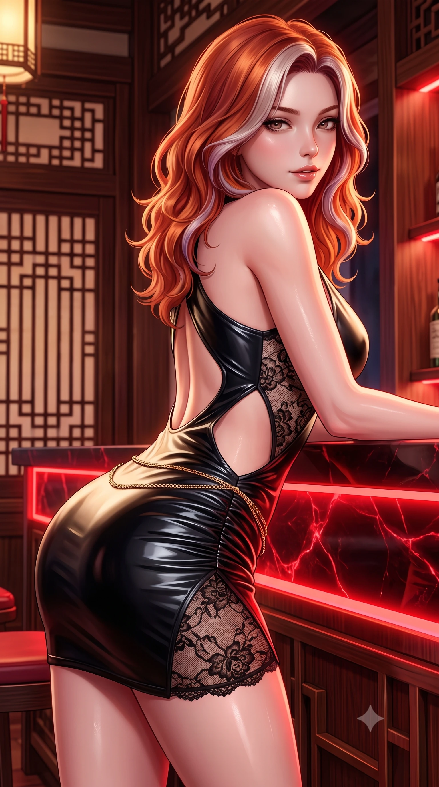score_9, masterpiece, best quality, ultra-detailed, high-budget anime keyframe, semi-realistic 3D game render, editorial fashion photography, tasteful artistic composition, Caucasian woman. close-up cowboy shot from the waist and thighs up, the character dominates the composition, filling the frame with her large presence. leaning forward over the counter while arching her lower back to accentuate her curvy hips, looking into the lens with a dangerous smoldering half-smile and bedroom-eyes while leaning against the glowing red onyx bar counter with hips cocked back, looking over a bare shoulder with a playful, seductive glint in her eyes. The surrounding environment is rendered in vivid detail and crisp panoramic clarity. detailed garment weave, glossy lips sheen, and contemporary oriental interior architecture in high clarity. She has an exceptionally elegant, slender, and willowy female figure with an ultra-slim waist, flat toned midriff, narrow ribcage, and sculpted feminine hips creating an alluring, slim hourglass silhouette without bulk. sharp v-shaped jawline, high-bridge nose, intricate jewel-like dark sparkling eyes with dangerous depth, thick curled eyelashes, glossy parted lips with a rich wine sheen, smoldering seductive half-smile with bedroom-eyes, exuding effortless superiority and intoxicating dark allure, flawlessly proportioned anatomical accuracy, strict slender model proportions, natural body alignment, perfectly sculpted long slender limbs, ultra-slim waistline, clean dynamic posture without body distortion. wearing a liquid-look vinyl mini dress with an asymmetric neckline and hip-defining side ruching in midnight jet-black and liquid champagne gold, crafted from sheer delicate Chantilly lace with intricate gothic floral motifs, finished with a delicate gold snake chain belt resting loosely across her curvy hips, the precision-cut side openings and low-back scoop framing her graceful spine and the sensual sweep of her slim, toned hips. illuminated by sharp specular highlights on skin and dark scarlet rim light sculpting her sculpted midriff, narrow waist, and curvy hips. highly saturated vibrant anime colors, detailed shading with soft gradients, rich glossy textures, high-contrast stereoscopic depth, volumetric dynamic lighting, master piece, 9:16 ratio