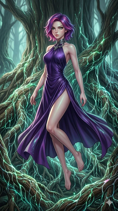 score_9, masterpiece, best quality, ultra-detailed, high-budget anime keyframe, Korean woman. upper body close-up from the thighs up, character filling the screen for maximum presence. jumping amidst giant ancient tree roots wrapped in trillions of g