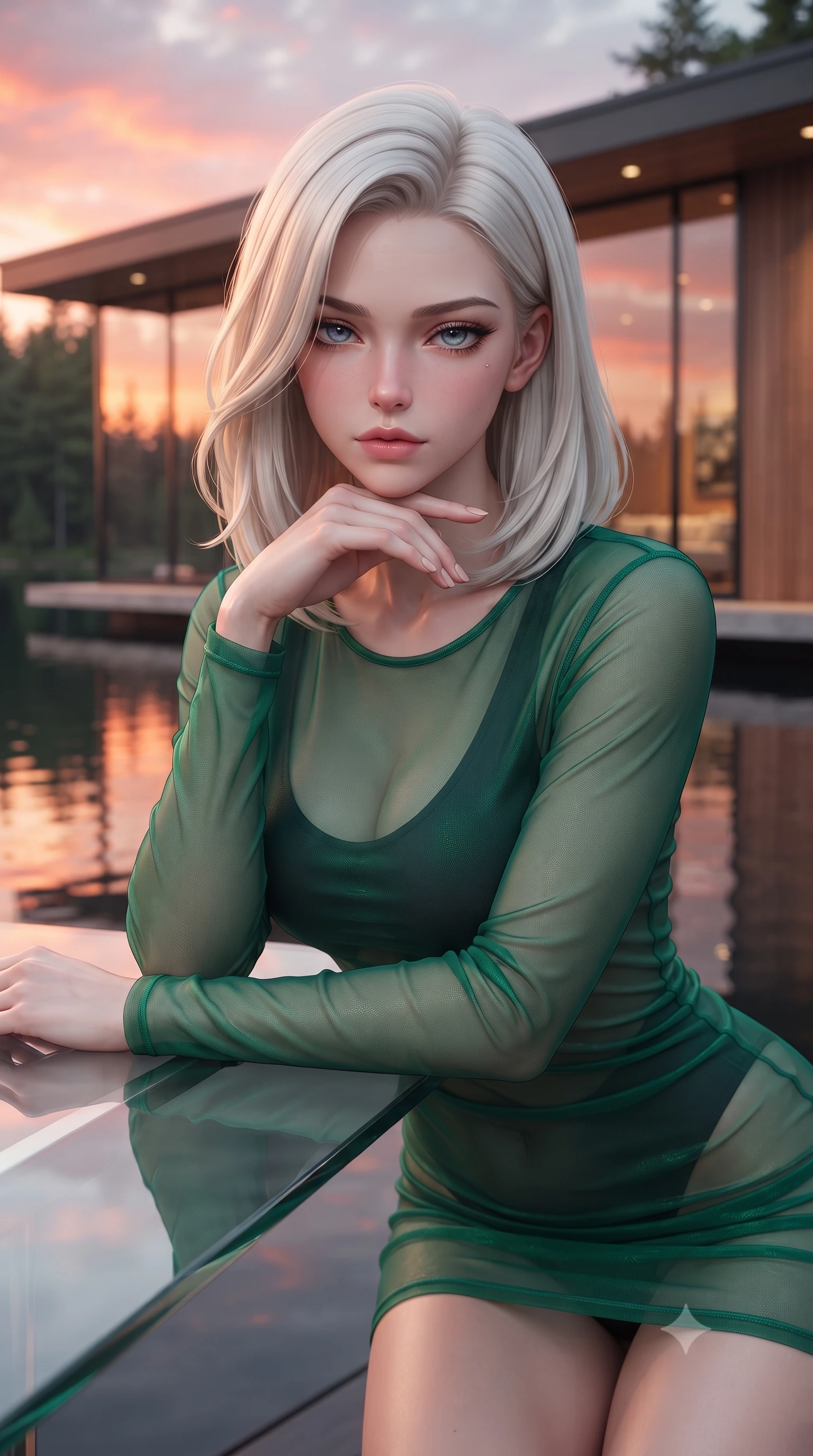 score_9, masterpiece, best quality, ultra-detailed, high-budget anime keyframe, editorial fashion photography, tasteful artistic composition, Caucasian woman woman. close-up cowboy shot from the waist and thighs up, the character dominates the composition, filling the frame with her large presence, background elements kept in soft focus. resting her chin on the backs of her fingers, casting a heavy-lidded, sultry look past the camera the background shows a soft-focus a modern house built of glass and wood, sitting on the edge of a calm forest lake. She has an exceptionally elegant, slender, and willowy female figure with an ultra-slim waist, a gracefully sculpted slender torso, and a refined silhouette. sharp v-shaped jawline, high-bridge nose, intricate jewel-like eyes with depth, thick eyelashes, glossy lips with a natural sheen. wearing a form-contouring sheer chiffon cover-up dress in emerald green, worn over a black swimsuit. the orange and pink reflection of the sunset on the glass walls and lake surface. ultra-reflective glossy finish, specular highlights, metallic sheen, high-contrast stereoscopic depth, volumetric dynamic lighting, 2k, ultra detail, master piece, 9:16 ratio