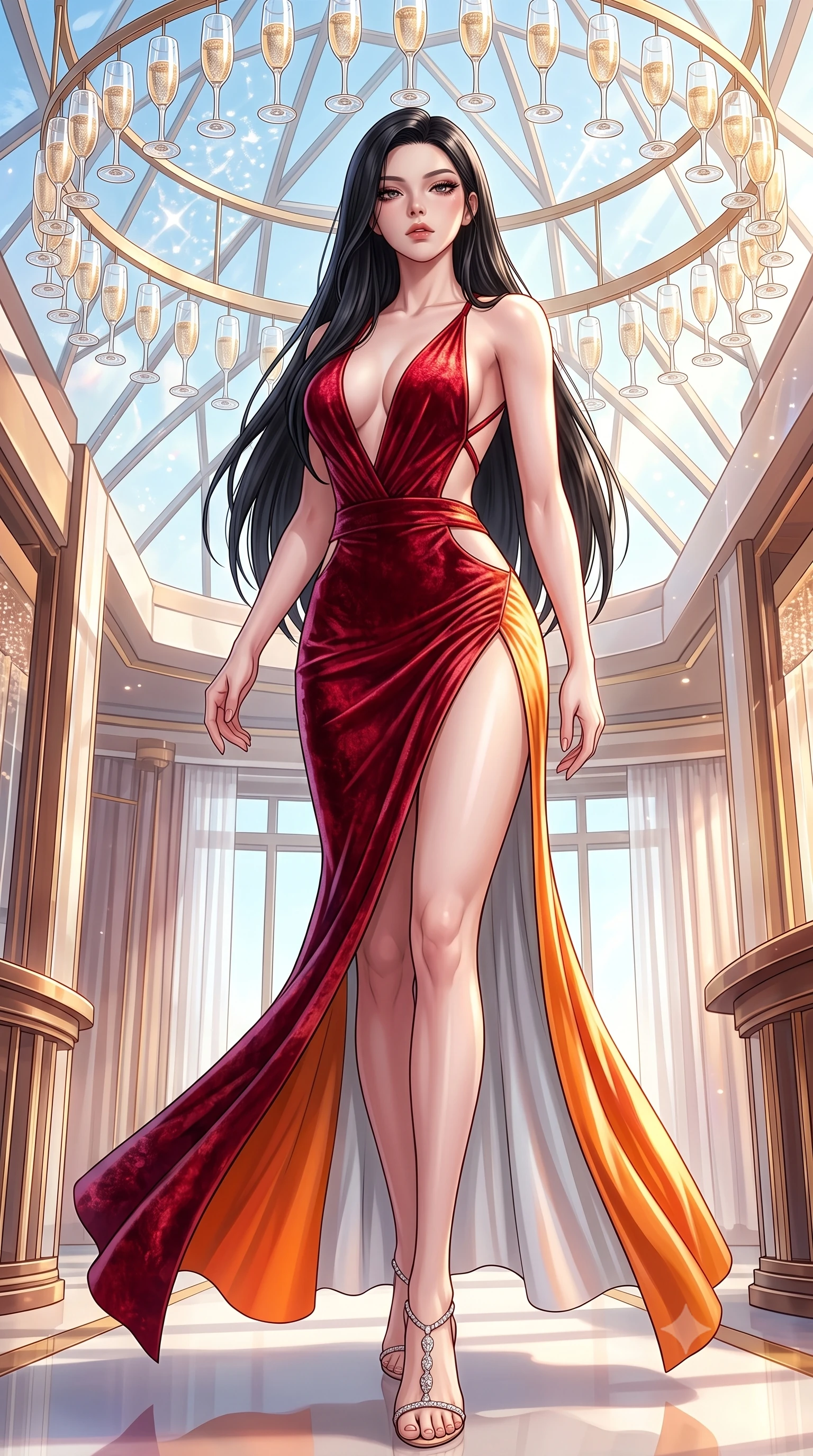 score_9, masterpiece, best quality, ultra-detailed, high-budget anime keyframe, semi-realistic 3D game render, editorial fashion photography, tasteful artistic composition, Korean woman. low angle full-body shot from head to toe showing her feet, filling the entire 9:16 vertical frame with her statuesque presence, stretching her vertical silhouette. striding forward in a proud, statuesque motion with a dangerous smolder, her vertical silhouette dominating the frame from head to toe while arching her spine in a fluid motion beneath a soaring champagne glass canopy in radiant morning light. The surrounding environment is rendered in vivid detail and crisp panoramic clarity. rich luminous architectural materials rendered with high environmental sharpness. She has an absolutely perfect, statuesque 8.5-heads proportion, an exceptionally tall and slender model-like female figure with impossibly long slender legs, a toned flat midriff, and an ultra-slim waist. sharp v-shaped jawline, high-bridge nose, intricate jewel-like eyes with depth, thick eyelashes, glossy lips with a natural sheen, flawlessly proportioned anatomical accuracy, strict slender model proportions, natural body alignment, perfectly sculpted long slender limbs, ultra-slim waistline, clean dynamic posture without body distortion. wearing a backless crimson crushed velvet gown with a deep plunging V-neckline, strategic hip cutouts, and an ultra-high thigh slit in vivid sunset amber orange and cloud white, made of liquid metal jersey that clings flawlessly to every contour of her build, complemented by criss-cross back straps highlighting her completely bare spine, the liquid-tight tailored fabric emphasizing every curve of her tall, slender model proportions and sculptured silhouette during dynamic movement. surrounded by an opulent, luminous, and enchantingly seductive contemporary pavilion ambiance. highly saturated vibrant anime colors, detailed shading with soft gradients, rich glossy textures, high-contrast stereoscopic depth, volumetric dynamic lighting, master piece, 9:16 ratio