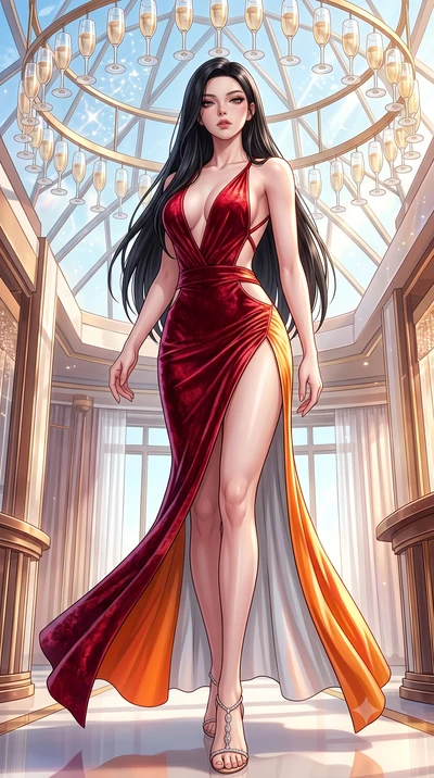 score_9, masterpiece, best quality, ultra-detailed, high-budget anime keyframe, semi-realistic 3D game render, editorial fashion photography, tasteful artistic composition, Korean woman. low angle full-body shot from head to toe showing her feet, fil
