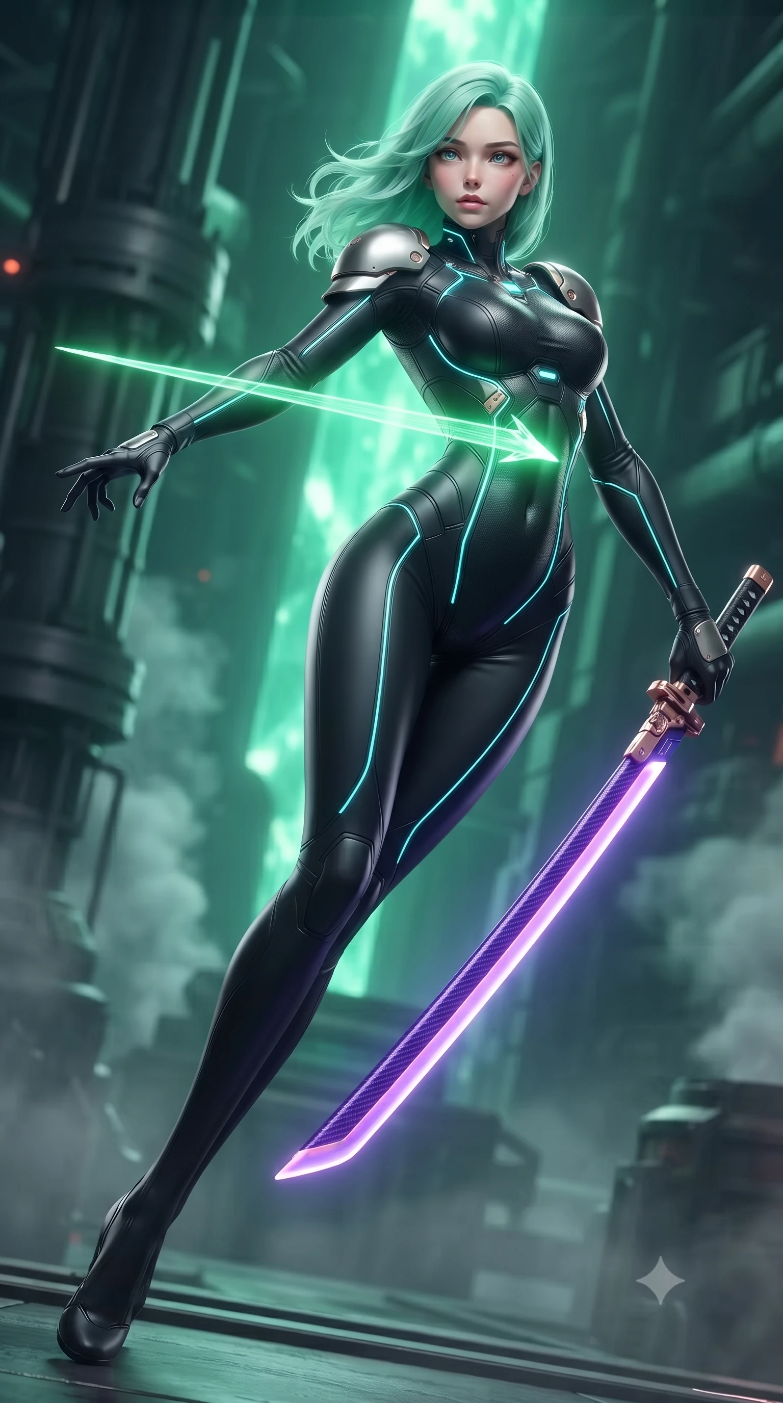 score_9, masterpiece, best quality, ultra-detailed, high-budget anime keyframe, editorial fashion photography, tasteful artistic composition, Japanese woman. low angle full-body shot from head to toe showing her feet, filling the entire 9:16 vertical frame with her statuesque presence, stretching her vertical silhouette. arching her spine in a fluid zero-gravity combat turn with sovereign grace, her long slender legs and sculpted torso creating a sweeping line of power while pivoting dynamically as a pure photon arrow forms in her fingers, casting radiant green light across her sculpted flat midriff. The composition keeps background elements in soft focus with creamy bokeh. industrial reactor support pillars and steam condensation vents softened in dreamy atmospheric depth. She has an absolutely perfect, statuesque 8.5-heads proportion, an exceptionally tall and slender model-like female figure with impossibly long slender legs, a toned flat midriff, and an ultra-slim waist. sharp v-shaped jawline, high-bridge nose, intricate jewel-like eyes with depth, thick eyelashes, glossy lips with a natural sheen, flawlessly proportioned anatomical accuracy, strict slender model proportions, natural body alignment, perfectly sculpted long slender limbs, ultra-slim waistline, clean dynamic posture without body distortion. wearing an aerodynamic matte-black carbon-fiber bodysuit with glowing neon cyan conduit lines, reinforced by polished titanium pauldrons, wielding a sleek holographic plasma katana with a brilliant energy blade in royal purple carbon fiber with rose-gold hardware and clasps, formed from high-gloss patent carbon-plating with specular chiaroscuro reflections, finished with high-mobility articulation joints and miniature magnetic armor locks, the liquid-tight tailored fabric emphasizing every curve of her tall, slender model proportions and sculptured silhouette during dynamic movement. bathed in intense radiant emerald crystal core backlighting and glowing photon bow illumination. ultra-reflective glossy finish, specular highlights, dark metallic sheen, high-contrast stereoscopic depth, volumetric dynamic lighting, 2k, ultra detail, master piece, 9:16 ratio