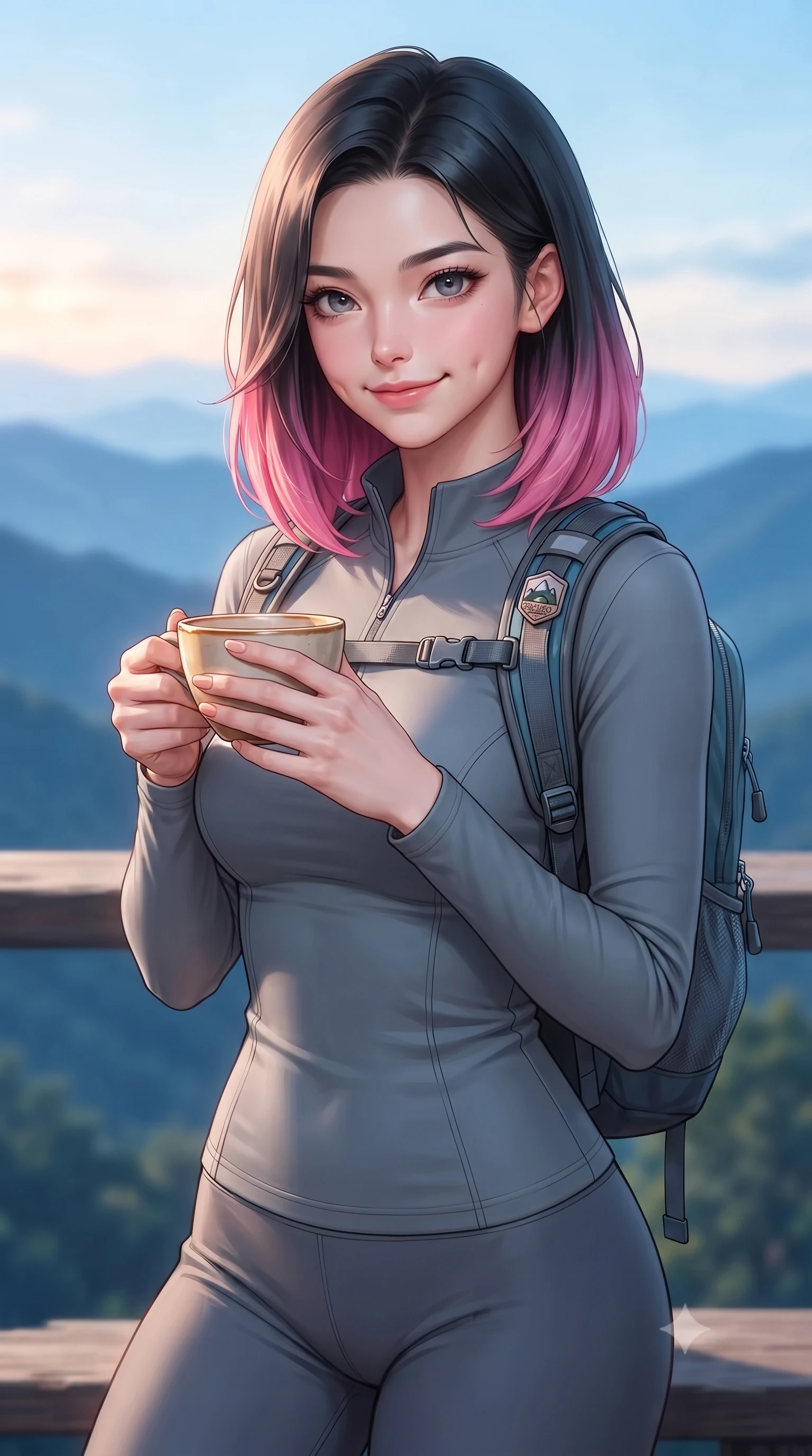 score_9, masterpiece, best quality, ultra-detailed, high-budget anime keyframe, editorial fashion photography, tasteful artistic composition, Korean woman. close-up cowboy shot from the waist and thighs up, the character dominates the composition, filling the frame with her large presence, background elements kept in soft focus. smiling with soft, cute dimples, holding a warm cup of tea with both hands set against a soft-focus background of on a scenic viewing platform overlooking distant blue mountain ridges carrying a small sporty backpack with a cute hiking badge. She has an exceptionally elegant, slender, and willowy female figure with an ultra-slim waist, a gracefully sculpted slender torso, and a refined silhouette. sharp v-shaped jawline, high-bridge nose, intricate jewel-like eyes with depth, thick eyelashes, glossy lips with a natural sheen. wearing form-contouring form-fitting activewear top in slate grey, outlining her slender torso. cool morning mountain air diffusing the bright orange sunrise glow. highly saturated vibrant anime colors, detailed shading with soft gradients, rich glossy textures, high-contrast stereoscopic depth, volumetric dynamic lighting, master piece, 9:16 ratio