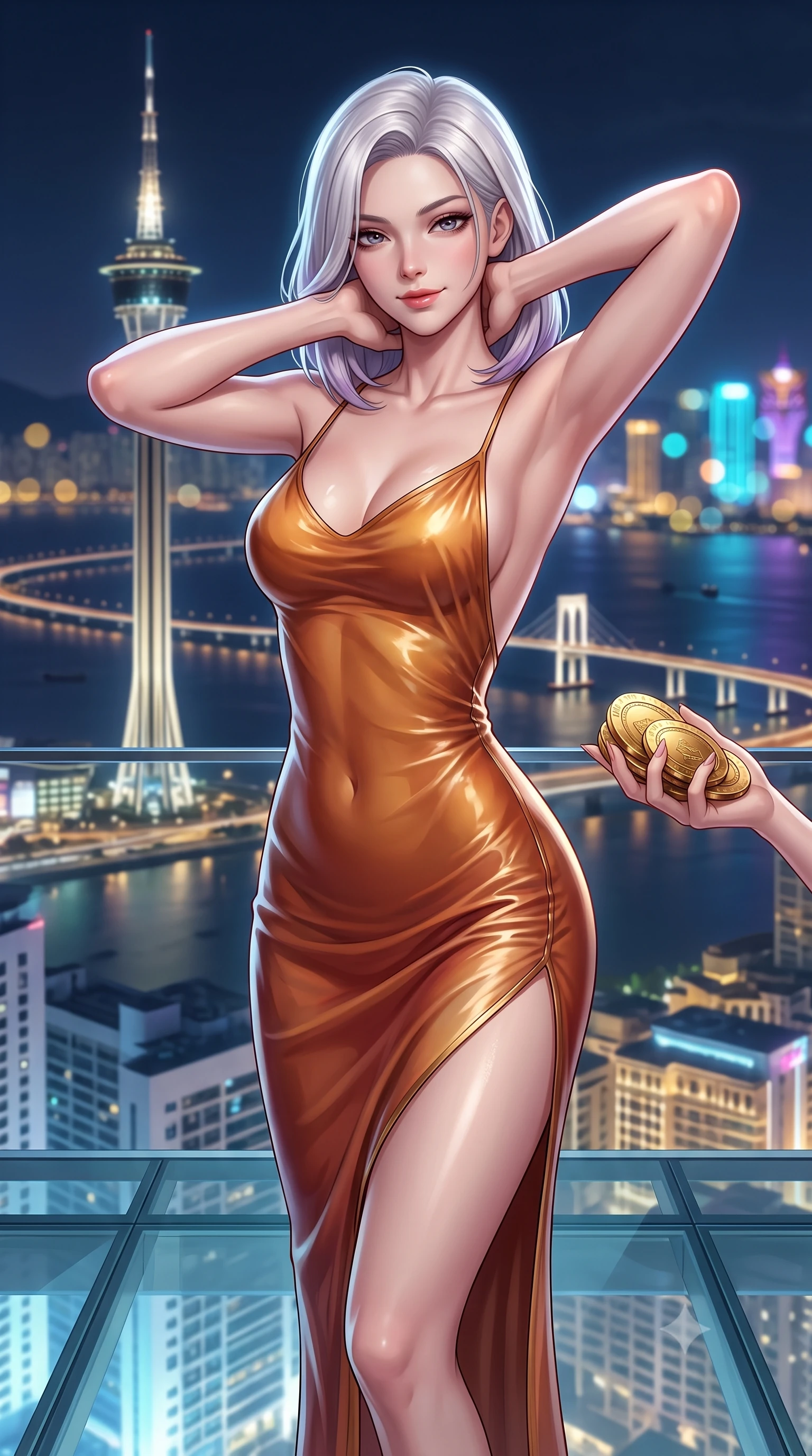 score_9, masterpiece, best quality, ultra-detailed, high-budget anime keyframe, semi-realistic 3D game render, editorial fashion photography, tasteful artistic composition, Caucasian woman. close-up cowboy shot from the waist and thighs up, the character dominates the composition, filling the frame with her large presence. resting both hands lightly behind her neck with elbows raised, arching her spine to highlight her narrow waist, flat midriff, and breathtaking collarbones while standing poised on the transparent glass balcony suspended sixty stories in the air, arching her back with breathless supermodel daring. The background shows a soft-focus the iconic glowing Macau Tower spire, sea bridges spanning the dark delta, and glittering casino skylines blurred into gold, cyan, and violet bokeh. She has an exceptionally elegant, slender, and willowy female figure with an ultra-slim waist, flat toned midriff, narrow ribcage, and sculpted feminine hips creating an alluring, slim hourglass silhouette without bulk. sharp v-shaped jawline, high-bridge nose, sparkling eyes with hypnotic seductive depth, thick curled eyelashes, glossy parted lips with a natural dewy peach sheen, alluring bedroom-eyes with an enchanting coquettish smile, exuding magnetic siren charisma and sophisticated glamour, flawlessly proportioned anatomical accuracy, strict slender model proportions, natural body alignment, perfectly sculpted long slender limbs, ultra-slim waistline, clean dynamic posture without body distortion. wearing a form-contouring gossamer silk chiffon slip dress with a hip-high slit and open back, clinging smoothly with dewy moisture in warm amber honey and antique terracotta with gilded bronze, crafted from fluid liquid silk satin that clings smoothly to every curve with a dewy sheen, accented with a stack of engraved gold casino plaques held loosely in one hand, the glove-like clinging cut tightly following the natural contour of her hips and long slender legs with youthful 8.5-heads elegance. bathed in exterior architectural facade floodlights combined with cool midnight delta breeze ambient fill. highly saturated vibrant anime colors, detailed shading with soft gradients, rich glossy textures, high-contrast stereoscopic depth, volumetric dynamic lighting, master piece, 9:16 ratio