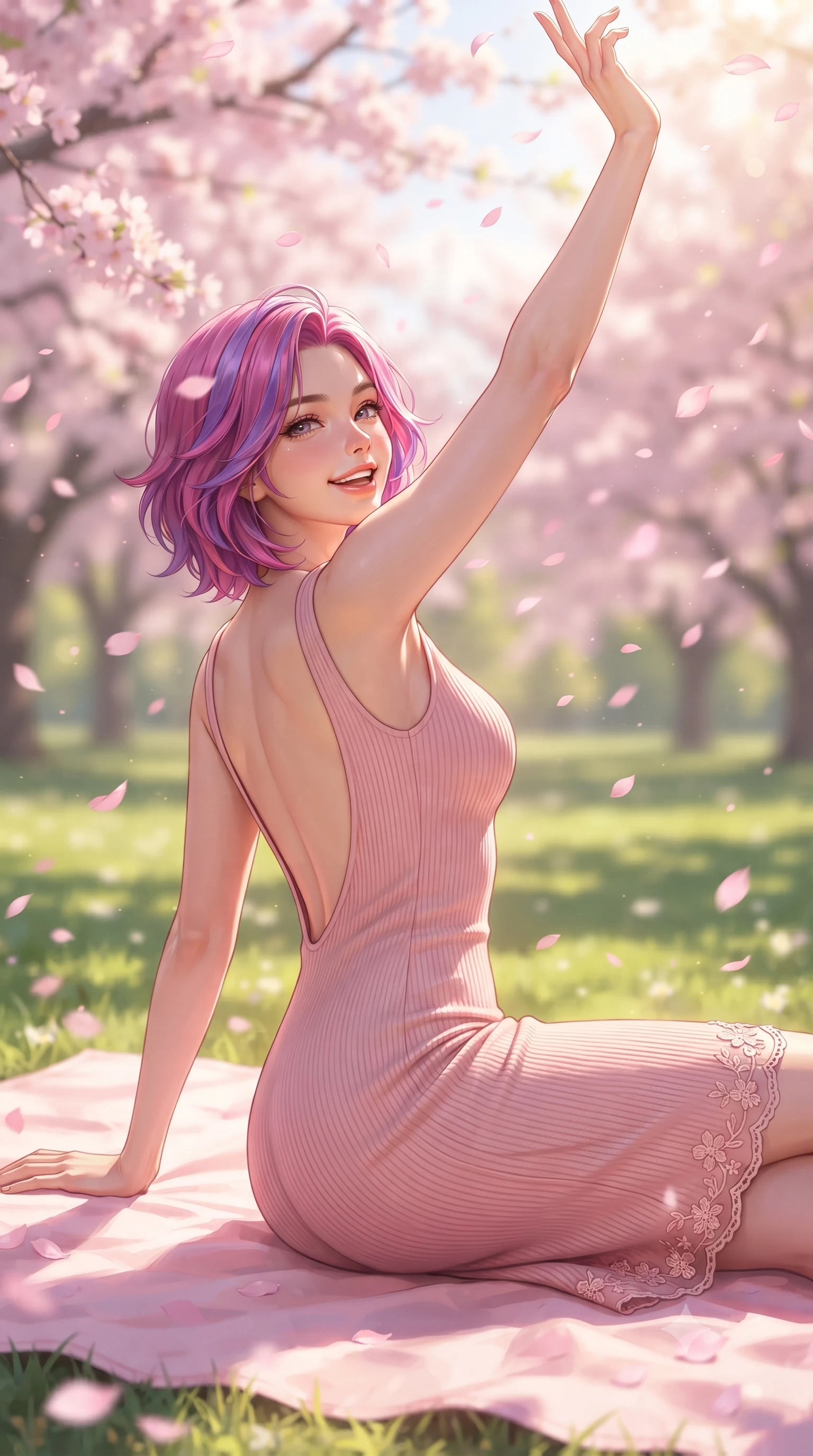 score_9, masterpiece, best quality, ultra-detailed, high-budget anime keyframe, editorial fashion photography, tasteful artistic composition, Caucasian woman. close-up cowboy shot from the waist and thighs up, the character dominates the composition, filling the frame with her large presence. playfully stretching one arm overhead toward the sun, her radiant smile capturing fresh girlhood charm while her arched torso reveals an intoxicating hip contour while sitting on a pastel picnic blanket on the sunlit green lawn, arching her back with a bright, delighted smile as pink sakura petals shower around her. The composition keeps background elements in soft focus with dreamy creamy bokeh. cascading pink cherry blossom canopies and sunlit green lawns blurred into soft sakura-pink, lime, and golden sunbeam bokeh. She has an exceptionally elegant, slender, and willowy female figure with an ultra-slim waist, flat toned midriff, narrow ribcage, and sculpted feminine hips creating an alluring, slim hourglass silhouette without bulk. sharp v-shaped jawline, high-bridge nose, intricate jewel-like sparkling eyes with depth, thick eyelashes, glossy parted lips with a natural peach sheen, bright cheerful beaming smile with an enchanting and coquettish sensual glint, exuding both youthful cute charm and seductive allure, flawlessly proportioned anatomical accuracy, strict slender model proportions, natural body alignment, perfectly sculpted long slender limbs, ultra-slim waistline, clean dynamic posture without body distortion. wearing a form-contouring ribbed knit bodycon midi dress with an open back scoop descending to the base of her spine in cherry blossom pink and soft rose gold, crafted from soft breathable linen with effortless natural drape, complemented by delicate embroidered floral trim along the hem, the precision-cut side openings and low-back scoop framing her graceful spine and the sensual sweep of her slim, toned hips. illuminated by soft grass bounce light contouring her sculpted collarbones, ultra-slim waist, and curvy hips. ultra-reflective glossy finish, specular highlights, rich textural contrasts, high-contrast stereoscopic depth, volumetric dynamic lighting, 2k, ultra detail, master piece, 9:16 ratio