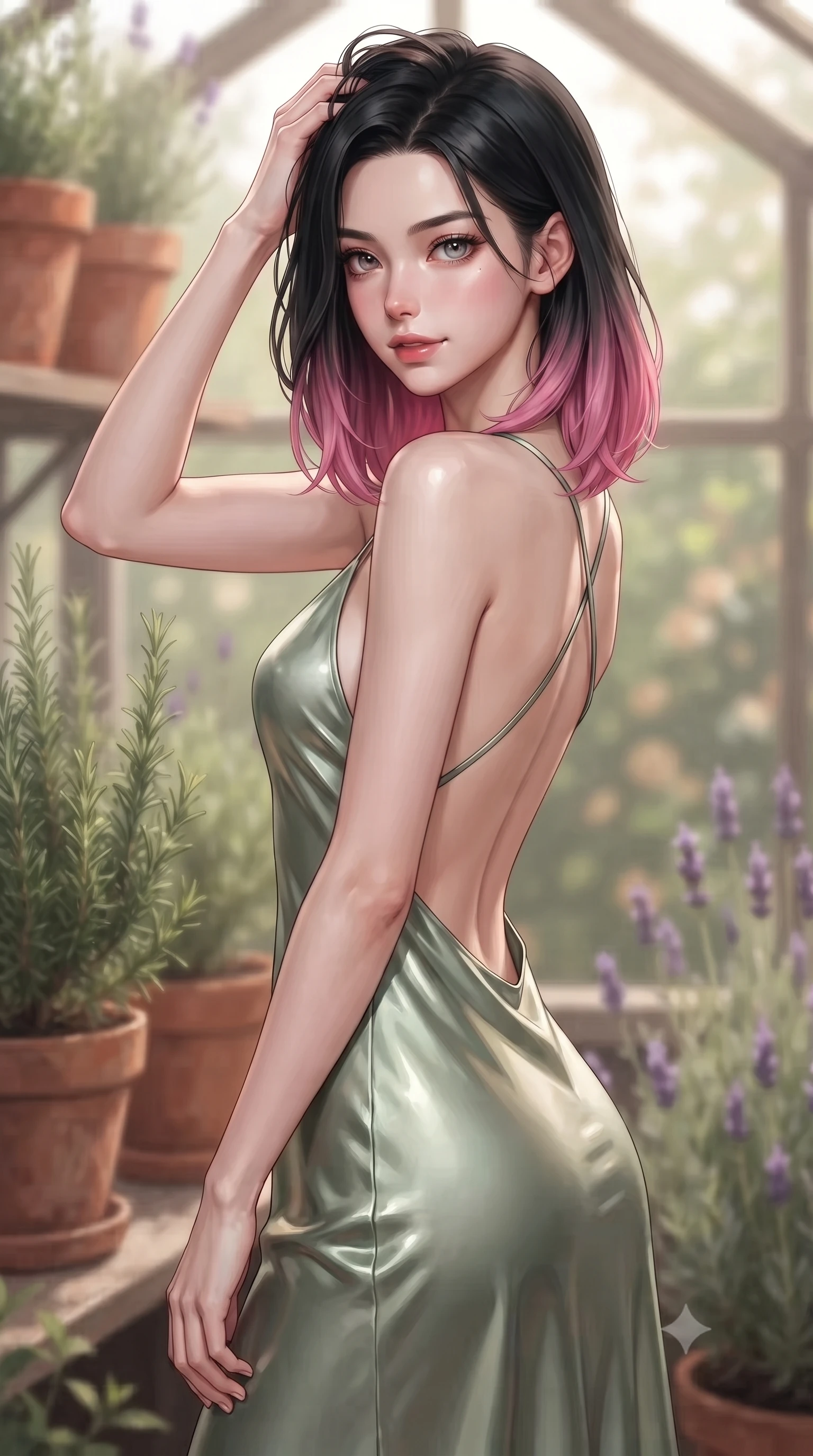 score_9, masterpiece, best quality, ultra-detailed, high-budget anime keyframe, editorial fashion photography, tasteful artistic composition, Korean woman woman. close-up cowboy shot from the waist and thighs up, the character dominates the composition, filling the frame with her large presence, background elements kept in soft focus. smiling with quiet, magnetic self-assurance directly into the camera, running a hand through her hair the background shows a soft-focus a cozy garden greenhouse, surrounded by terracotta pots, rosemary, and lavender. She has an exceptionally elegant, slender, and willowy female figure with an ultra-slim waist, a gracefully sculpted slender torso, and a refined silhouette. sharp v-shaped jawline, high-bridge nose, intricate jewel-like eyes with depth, thick eyelashes, glossy lips with a natural sheen. wearing a body-hugging lightweight silk sundress in sage green with a dramatic open-back and thin criss-cross straps. warm, diffused daylight creating a quiet and productive mood. ultra-reflective glossy finish, specular highlights, metallic sheen, high-contrast stereoscopic depth, volumetric dynamic lighting, 2k, ultra detail, master piece, 9:16 ratio