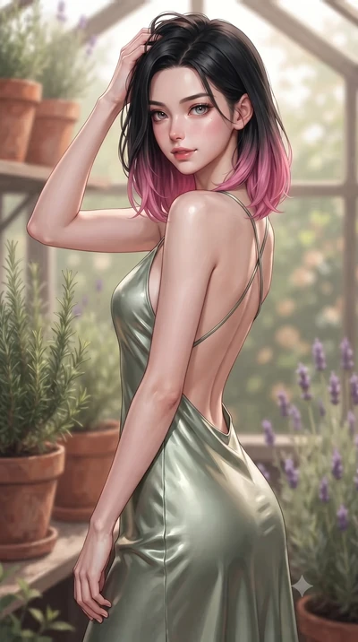 score_9, masterpiece, best quality, ultra-detailed, high-budget anime keyframe, editorial fashion photography, tasteful artistic composition, Korean woman woman. close-up cowboy shot from the waist and thighs up, the character dominates the compositi