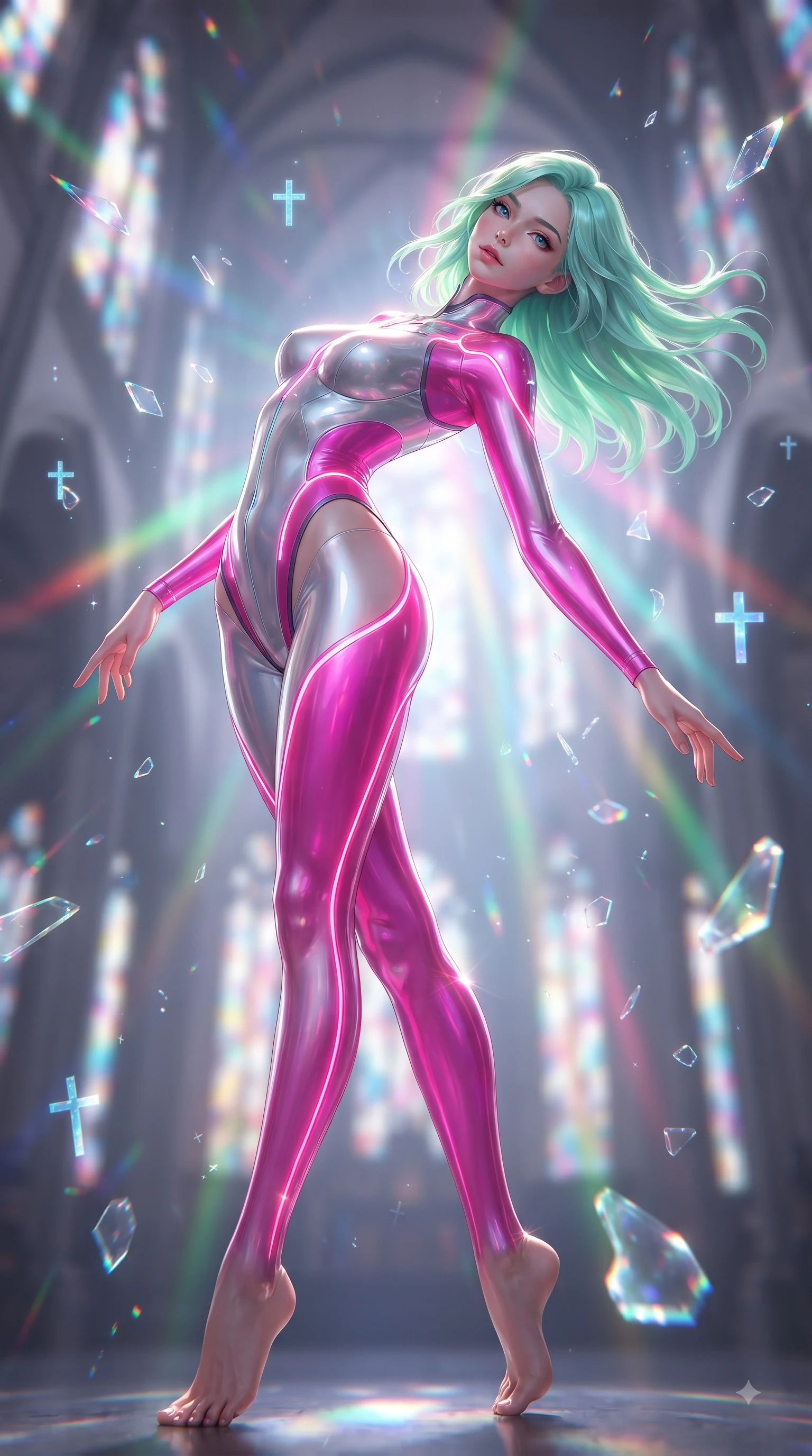score_9, masterpiece, best quality, ultra-detailed, high-budget anime keyframe, editorial fashion photography, tasteful artistic composition, Japanese woman. low angle full-body shot from head to toe showing her feet, filling the entire 9:16 vertical frame with her statuesque presence, stretching her vertical silhouette. arching her back in a fluid zero-gravity turn with sovereign grace, her long slender legs and sculpted torso creating a sweeping line while arching her spine in a dynamic mid-air vault framed by floating digital cross symbols and glowing glass fragments. The composition keeps background elements in soft focus with creamy bokeh. glowing stained-glass fragments and towering cathedral arches blurred into dazzling prismatic bokeh. She has an absolutely perfect, statuesque 8.5-heads proportion, an exceptionally tall and slender model-like female figure with impossibly long slender legs and an ultra-slim waist. sharp v-shaped jawline, high-bridge nose, intricate jewel-like eyes with depth, thick eyelashes, glossy lips with a natural sheen, flawlessly proportioned anatomical accuracy, natural body alignment, perfectly sculpted elegant limbs, clean dynamic posture without body distortion. wearing a skin-tight cybernetic bodysuit with glowing neon seams, deep hip cutouts, and an aerodynamic athletic fit in chromatic platinum and blazing neon magenta, crafted from ultra-reflective second-skin latex with a glass-like polish, accented with glowing fiber-optic seams tracing her collarbones and hip curves, the sleek aerodynamic cut emphasizing her magnetic presence and alluring physical grace. backlit by intense multi-colored neon light rays and volumetric dawn light filtering through fog. ultra-reflective glossy finish, specular highlights, metallic sheen, high-contrast stereoscopic depth, volumetric dynamic lighting, 2k, ultra detail, master piece, 9:16 ratio