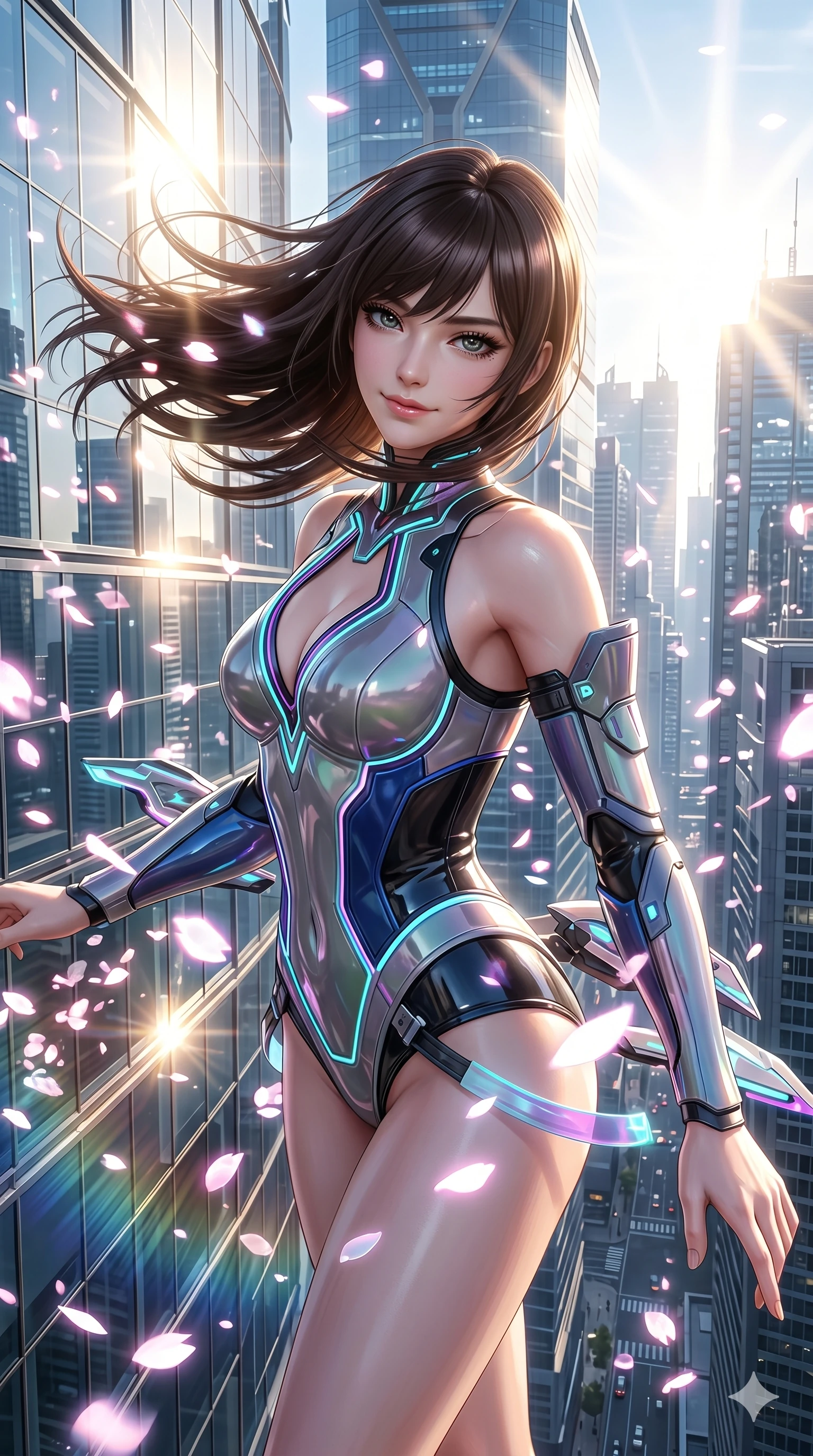 score_9, masterpiece, best quality, ultra-detailed, high-budget anime keyframe, semi-realistic 3D game render, Korean woman. Upper body close-up from the thighs up, character filling the screen for maximum presence. She is standing on the edge of a skyscraper, her hair and clothes whipping in the wind as cybernetic sakura petals blizzard around. She twists her upper body dramatically with a confident half-smile. She has an absolutely perfect 8-heads proportion, a tall and elegant figure with a refined silhouette and a defined waistline. V-shaped jawline, high-bridge nose, intricate jewel-like eyes with depth, thick eyelashes, glossy lips with a natural sheen. She is wearing a structured cybernetic bodice in glossy vinyl panels, paired with detached sleeves and a refined V-neckline detailed with glowing piping. The scene is bathed in brilliant morning sunlight and sharp sun rays reflecting off distant glass skyscrapers. 2k, ultra detail, master piece, 9:16 ratio