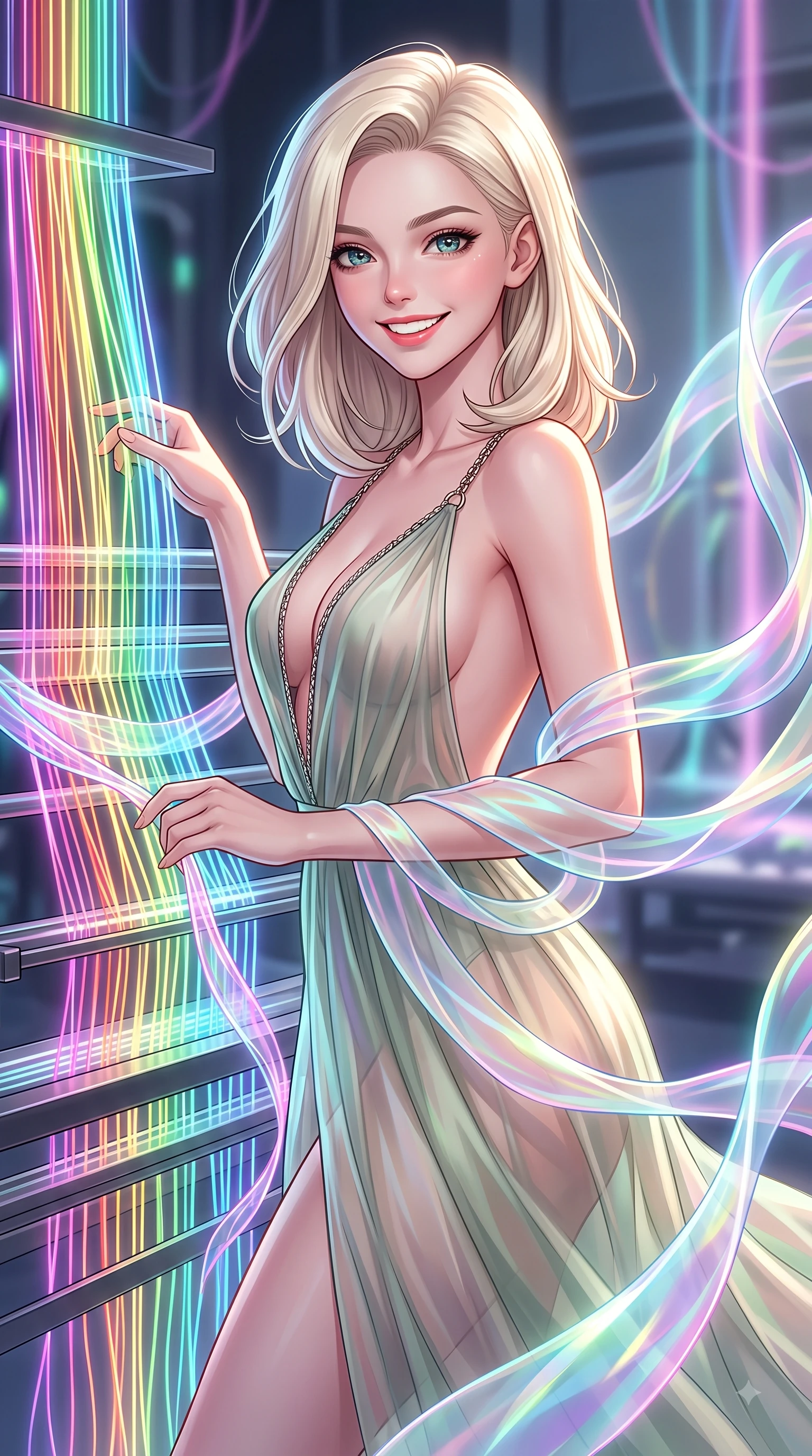 score_9, masterpiece, best quality, ultra-detailed, high-budget anime keyframe, editorial fashion photography, tasteful artistic composition, Caucasian woman. close-up cowboy shot from the waist and thighs up, the character dominates the composition, filling the frame with her large presence, background elements kept in soft focus. Radiant bright smile with sparkling eyes directed right into the lens, her torso turning in a dynamic S-curve alignment while weaving fluorescent rainbow fiber optic ribbons on a 3D light loom with a playful smile, translucent silk ribbons swirling around her figure like bright streams. She has an exceptionally elegant, slender, and willowy female figure with an ultra-slim waist, a gracefully sculpted slender torso, and a refined silhouette. sharp v-shaped jawline, high-bridge nose, intricate jewel-like eyes with depth, thick eyelashes, glossy lips with a natural sheen, flawlessly proportioned anatomical accuracy, natural body alignment, perfectly sculpted elegant limbs, clean dynamic posture without body distortion. wearing a translucent iridescent chiffon gown with a plunging neckline and open back in sage green and oatmeal, woven from fine semi-opaque sheer organza, adorned with delicate metallic chain straps along the neckline, the elegant draped fit framing her graceful clavicle and slender torso. illuminated by the brilliant glow of rainbow luminescent plasma threads. highly saturated vibrant anime colors, detailed shading with soft gradients, rich glossy textures, high-contrast stereoscopic depth, volumetric dynamic lighting, master piece, 9:16 ratio