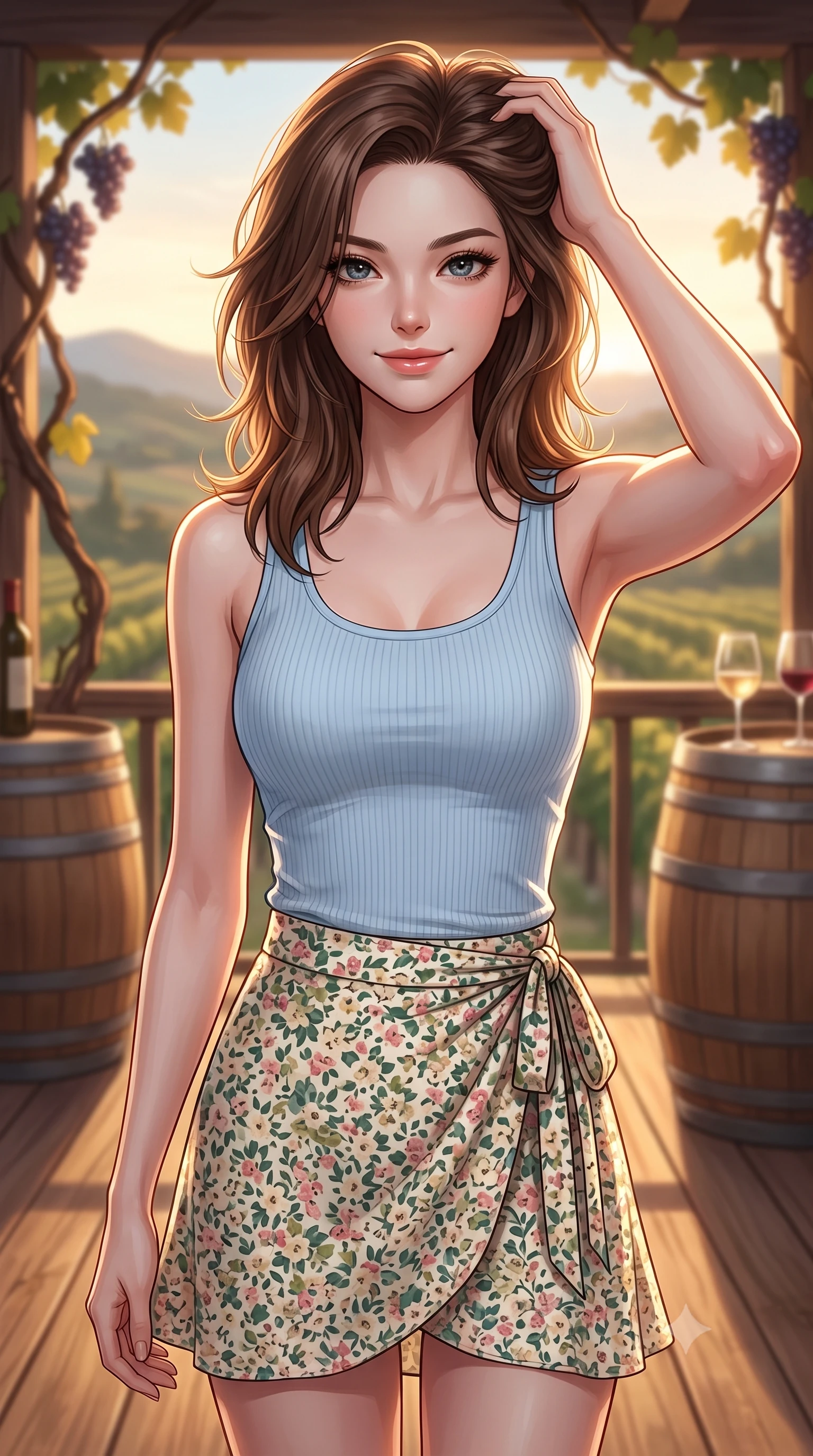 score_9, masterpiece, best quality, ultra-detailed, high-budget anime keyframe, editorial fashion photography, tasteful artistic composition, Korean woman woman. close-up cowboy shot from the waist and thighs up, the character dominates the composition, filling the frame with her large presence, background elements kept in soft focus. smiling with quiet, magnetic self-assurance directly into the camera, running a hand through her hair the background shows a soft-focus a wooden terrace of a vineyard winery, with wooden barrels and grapevines in soft focus. She has an exceptionally elegant, slender, and willowy female figure with an ultra-slim waist, a gracefully sculpted slender torso, and a refined silhouette. sharp v-shaped jawline, high-bridge nose, intricate jewel-like eyes with depth, thick eyelashes, glossy lips with a natural sheen. wearing a slim-fit simple ribbed cotton tank top in baby blue paired with a floral print wrap skirt. warm golden hour light tracing the grapevines and wine glasses in a golden rim light. 2k, ultra detail, master piece, 9:16 ratio
