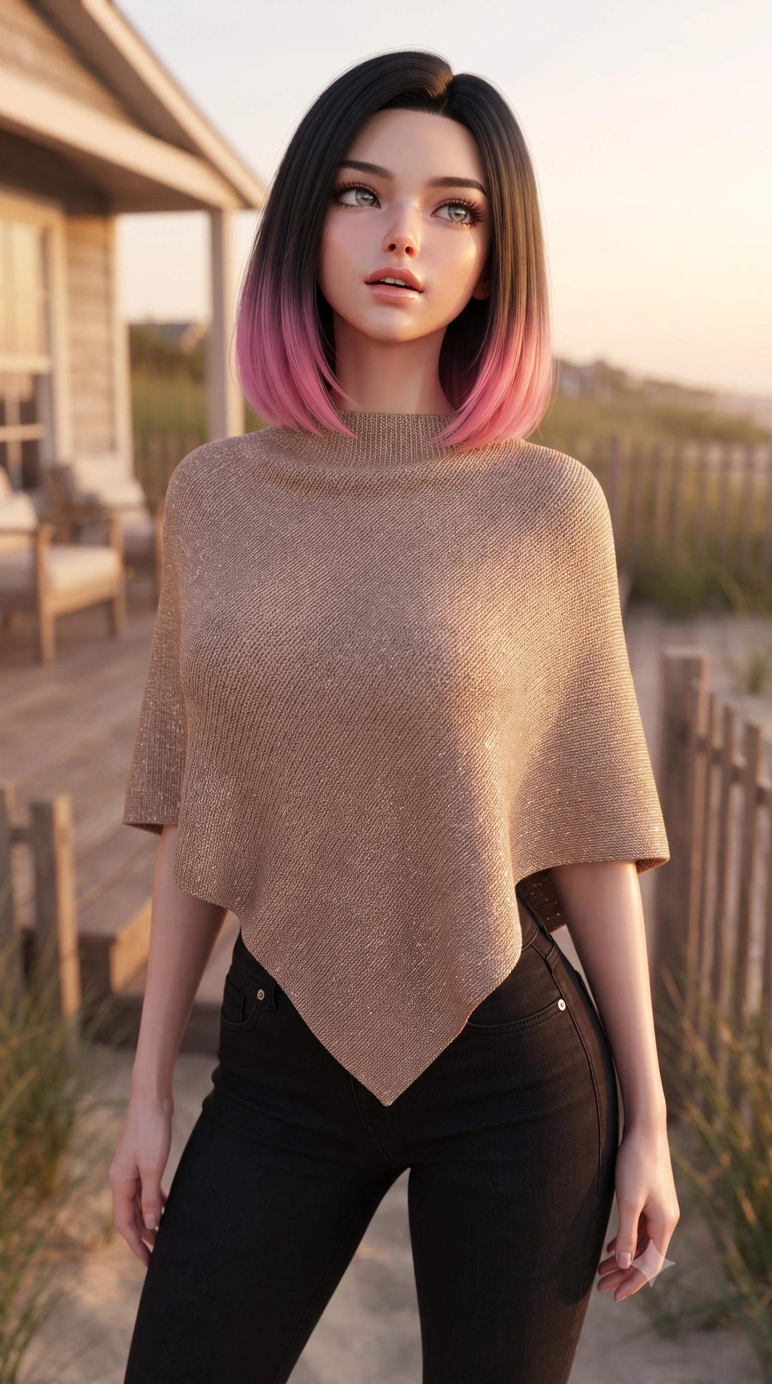 score_9, masterpiece, best quality, ultra-detailed, high-budget anime keyframe, editorial fashion photography, tasteful artistic composition, Korean woman woman. close-up cowboy shot from the waist and thighs up, the character dominates the composition, filling the frame with her large presence, background elements kept in soft focus. tilting her chin up slightly with lips parted in a composed, provocative expression the background shows a soft-focus a cozy wooden deck of a beachside cottage, surrounded by beachgrass and wooden fences. She has an exceptionally elegant, slender, and willowy female figure with an ultra-slim waist, a gracefully sculpted slender torso, and a refined silhouette. sharp v-shaped jawline, high-bridge nose, intricate jewel-like eyes with depth, thick eyelashes, glossy lips with a natural sheen. wearing a form-contouring stylish light brown knit poncho over black skinny jeans. warm sunset light casting a peaceful, cozy orange wash on her figure. ultra-reflective glossy finish, specular highlights, metallic sheen, high-contrast stereoscopic depth, volumetric dynamic lighting, 2k, ultra detail, master piece, 9:16 ratio