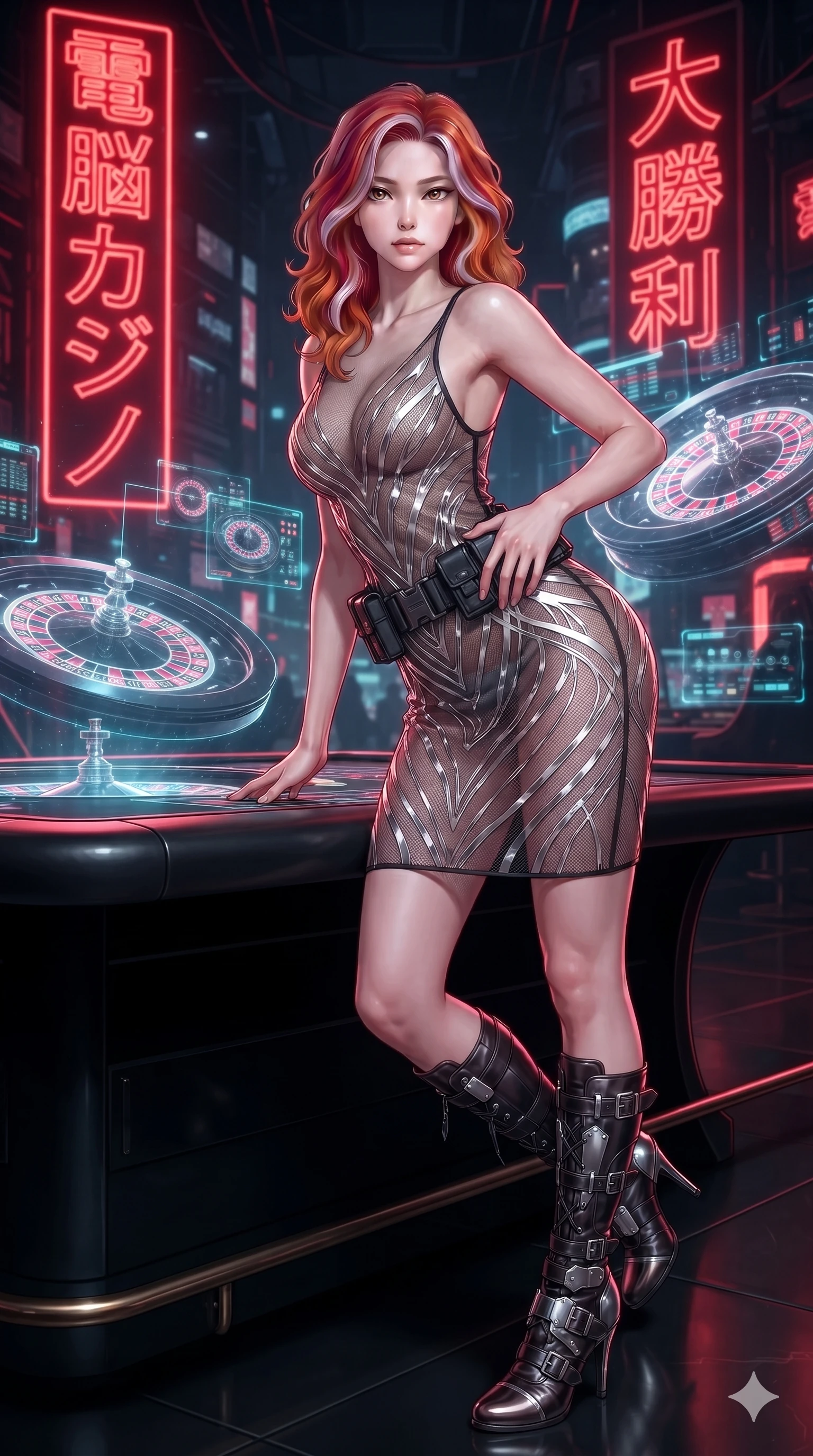 score_9, masterpiece, best quality, ultra-detailed, high-budget anime keyframe, editorial fashion photography, tasteful artistic composition, Caucasian woman. close-up cowboy shot from the waist and thighs up, the character dominates the composition, filling the frame with her large presence. resting both hands lightly on her tactical utility belt, arching her spine to highlight her narrow waist, flat midriff, and breathtaking collarbones while standing in a tall, confident posture with one hand on a glowing metal railing, stretching her statuesque body as she arches her lower back while leaning over the glossy black hologram roulette table with hips cocked back. The background shows a soft-focus massive vertical scarlet neon kanji signs, floating holographic roulette wheels, and plush velvet curtains blurred into deep scarlet, vermilion, and obsidian bokeh. She has an exceptionally elegant, slender, and willowy female figure with an ultra-slim waist, flat toned midriff, narrow ribcage, and sculpted feminine hips creating an alluring, slim hourglass silhouette without bulk. sharp v-shaped jawline, high-bridge nose, intricate jewel-like sparkling eyes with depth, thick eyelashes, glossy parted lips with a natural sheen, bright confident smile with an enchanting and coquettish sensual glint, exuding both youthful magnetic charm and sovereign high-tech allure, flawlessly proportioned anatomical accuracy, strict slender model proportions, natural body alignment, perfectly sculpted long slender limbs, ultra-slim waistline, clean dynamic posture without body distortion. wearing a plunge-front sheer illusion technical mesh slip dress with liquid platinum ribbon stripes hugging her curves in iridescent dark chrome and holographic violet, crafted from lightweight aerodynamic matte carbon-fiber weave with structural stiffness, complemented by strappy stiletto combat boots with metallic ankle wraps accentuating her slender calves, the form-fitting tactical tailoring adhering flawlessly to her sculpted flat midriff and slender torso, emphasizing her long leg lines and perfectly proportioned willowy build. illuminated by glowing table surfaces and sharp scarlet rim lights carving her sculpted collarbones, ultra-slim waist, and curvy hips. ultra-reflective glossy finish, specular highlights, rich textural contrasts, high-contrast stereoscopic depth, volumetric dynamic lighting, 2k, ultra detail, master piece, 9:16 ratio