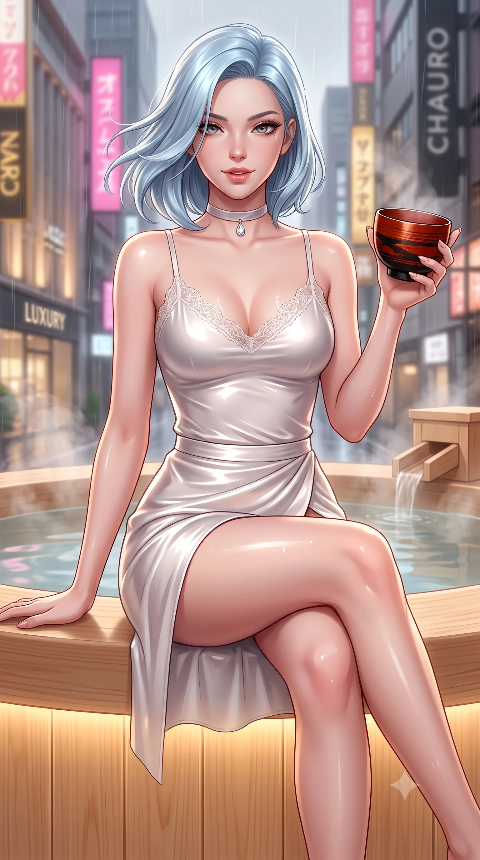 score_9, masterpiece, best quality, ultra-detailed, high-budget anime keyframe, semi-realistic 3D game render, editorial fashion photography, tasteful artistic composition, Korean woman. close-up cowboy shot from the waist and thighs up, the character dominates the composition, filling the frame with her large presence. turning slowly with an enchanting smoldering smile, her glossy hair tossing in the breeze as her hips angle gracefully in a captivating contrapposto while sitting perched on the wide hinoki wood rim with legs crossed, holding a lacquered wooden sake cup with an enchanting, parted-lip smile. The background shows a soft-focus rain-slicked Ginza high-rise neon signs, towering luxury department store facades, and rising aromatic wood steam blurred into neon-pink, gold, and charcoal bokeh. She has an exceptionally elegant, slender, and willowy female figure with an ultra-slim waist, flat toned midriff, narrow ribcage, and sculpted feminine hips creating an alluring, slim hourglass silhouette without bulk. sharp v-shaped jawline, high-bridge nose, sparkling eyes with hypnotic seductive depth, thick curled eyelashes, glossy parted lips with a natural dewy peach sheen, alluring bedroom-eyes with an enchanting coquettish smile, exuding magnetic siren charisma and sophisticated glamour, flawlessly proportioned anatomical accuracy, strict slender model proportions, natural body alignment, perfectly sculpted long slender limbs, ultra-slim waistline, clean dynamic posture without body distortion. wearing a delicate lace-trimmed silk camisole paired with a draped satin wrap sarong mini skirt with high side slit in pure pearl alabaster with platinum sheen, crafted from wet-look high-gloss vinyl fabric with dazzling specular surface reflections, finished with a thin velvet ribbon choker and a single teardrop diamond pendant, the high-slit wrap tailoring accentuating her ultra-slim waistline and the enchanting curve of her feminine hips with alluring seductive charm. bathed in soft 2700K concealed warm LED cove lighting glowing beneath the floating hinoki platform. highly saturated vibrant anime colors, detailed shading with soft gradients, rich glossy textures, high-contrast stereoscopic depth, volumetric dynamic lighting, master piece, 9:16 ratio