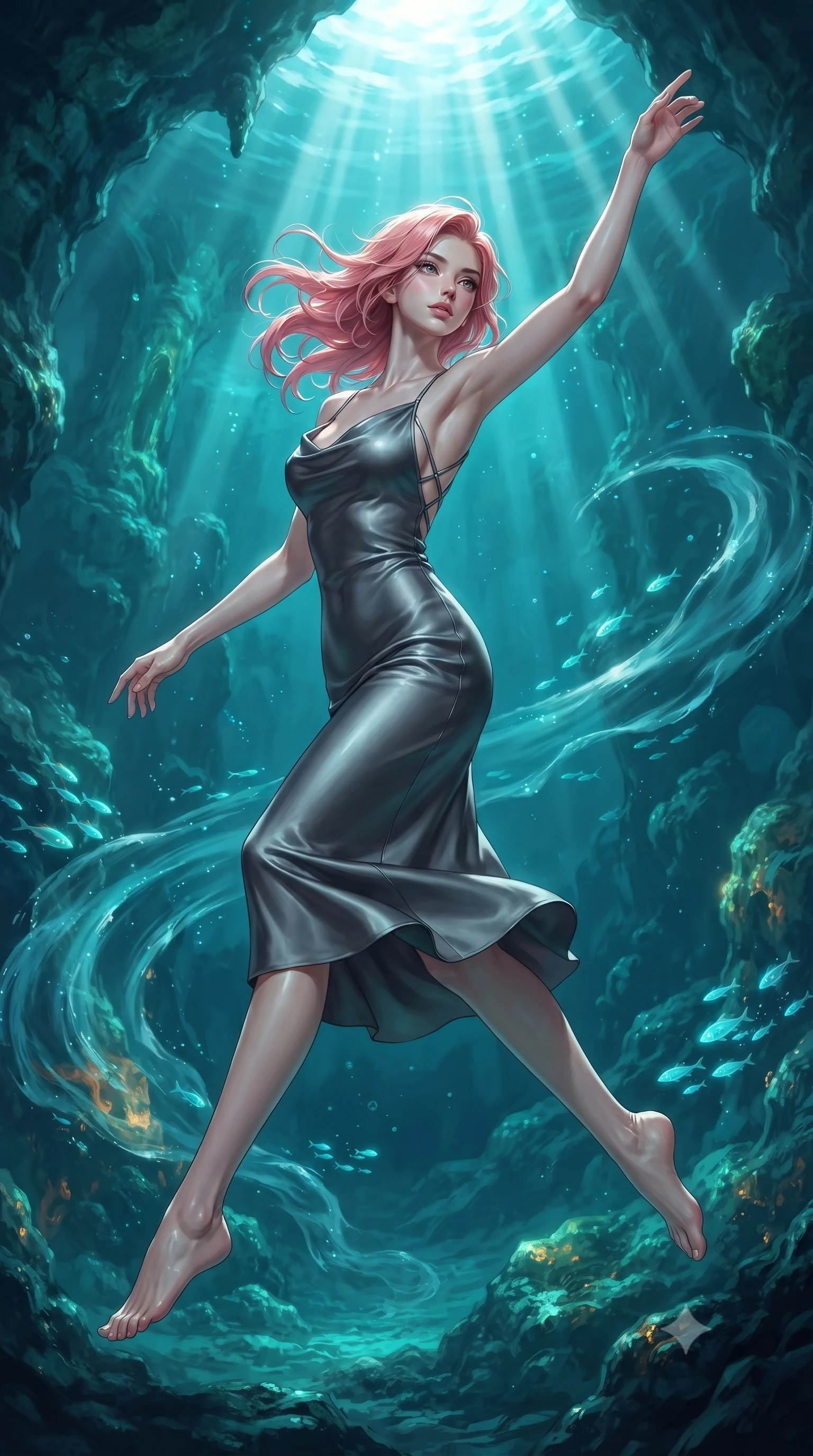 score_9, masterpiece, best quality, ultra-detailed, high-budget anime keyframe, editorial fashion photography, tasteful artistic composition, Japanese woman. low angle full-body shot from head to toe showing her feet, filling the entire 9:16 vertical frame with her statuesque presence, stretching her vertical silhouette. leaping gracefully through mid-air with statuesque elegance, her impossibly long slender legs stretched in perfect balance while swimming gracefully upward toward sunbeams penetrating a deep turquoise water cavern, fluorescent water currents swirling smoothly around her slender limbs. She has an absolutely perfect, statuesque 8.5-heads proportion, an exceptionally tall and slender model-like female figure with impossibly long slender legs and an ultra-slim waist. sharp v-shaped jawline, high-bridge nose, intricate jewel-like eyes with depth, thick eyelashes, glossy lips with a natural sheen, flawlessly proportioned anatomical accuracy, natural body alignment, perfectly sculpted elegant limbs, clean dynamic posture without body distortion. wearing an elegant cowl-neck satin midi dress with a graceful draped neckline in charcoal grey and platinum, crafted from smooth liquid silk, complemented by criss-cross back straps highlighting her bare shoulders, the sleek second-skin texture accentuating her magnetic presence. surrounded by a shimmering ocean aura with bright specular rim lights. ultra-reflective glossy finish, specular highlights, metallic sheen, high-contrast stereoscopic depth, volumetric dynamic lighting, 2k, ultra detail, master piece, 9:16 ratio