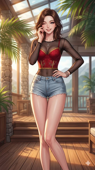 score_9, masterpiece, best quality, ultra-detailed, high-budget anime keyframe, vibrant anime aesthetic, Korean woman. cowboy shot from the thighs up, character and outfit filling the frame for maximum presence. She is standing in the sun, winking an