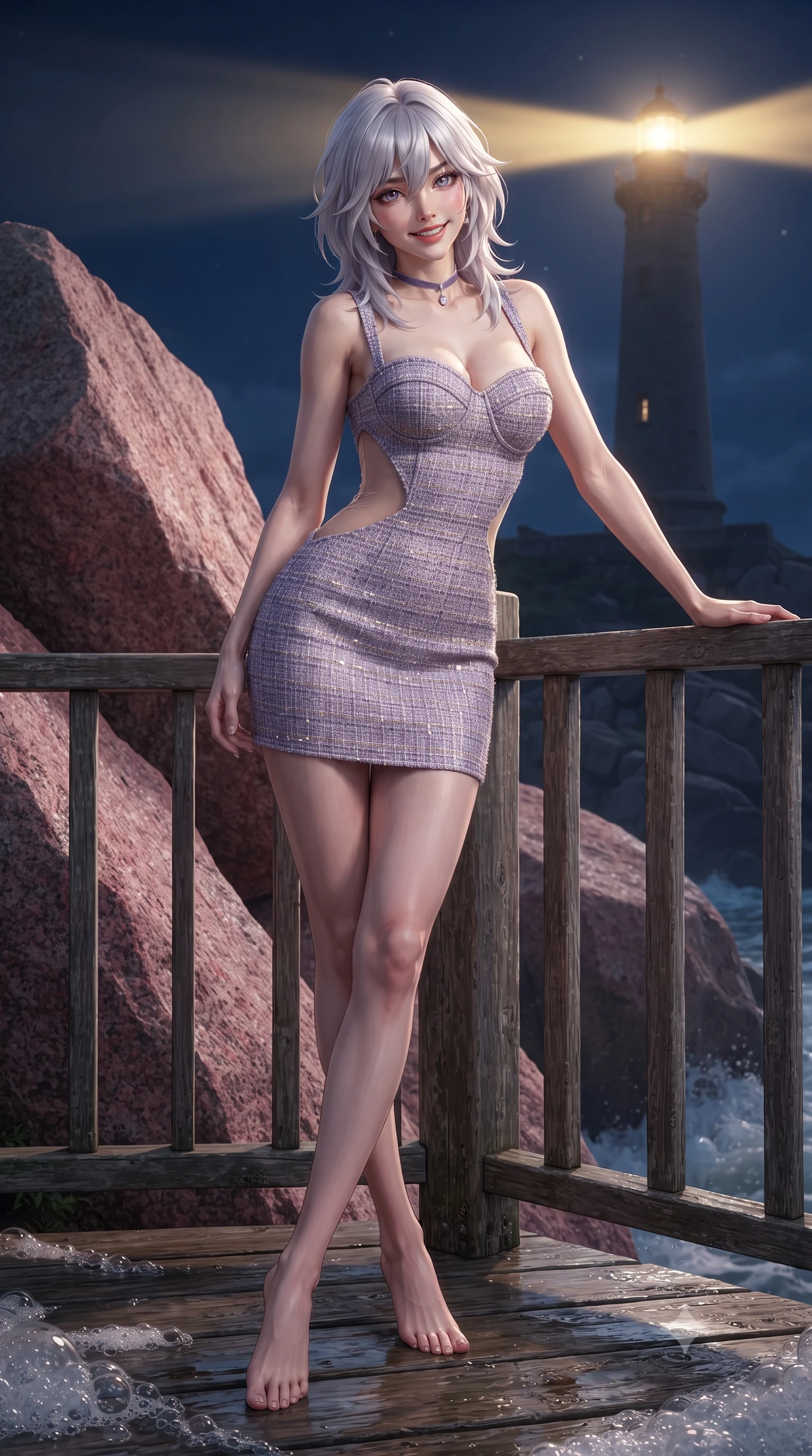 score_9, masterpiece, best quality, ultra-detailed, high-budget anime keyframe, editorial fashion photography, tasteful artistic composition, Japanese woman. low angle full-body shot from head to toe showing her feet, filling the entire 9:16 vertical frame with her statuesque presence, stretching her vertical silhouette. leaning deep against the balcony balustrade with hips cocked back in an unapologetically alluring high-fashion stance, casting an intoxicating glance while standing poised on the timber observation deck beside the colossal natural pink granite boulders, arching her spine with siren allure as ocean waves crash below. The surrounding environment is rendered in vivid detail and crisp panoramic clarity: sharp rose-pink feldspar granite mineral textures, wet weathered timber deck planks, and ocean foam bubbles in deep focus. She has an exceptionally tall and slender model-like 8.5-heads proportion, an ultra-slim waist, a flat toned midriff, narrow delicate ribcage, and beautifully sculpted feminine hips creating a graceful, slim hourglass silhouette without any bulky heaviness, with impossibly long slender legs. sharp v-shaped jawline, high-bridge nose, intricate jewel-like sparkling eyes with depth, thick eyelashes, glossy parted lips with a natural peach sheen, bright cheerful beaming smile with an enchanting and coquettish sensual glint, exuding both youthful cute charm and seductive allure, flawlessly proportioned anatomical accuracy, strict slender model proportions, natural body alignment, perfectly sculpted long slender limbs, ultra-slim waistline, clean dynamic posture without body distortion. wearing an alluring plunging sweetheart bustier dress with sheer mesh side-waist cutouts contouring her ribs in Luberon lavender purple and Provençal limestone cream, woven from structured British tweed with subtle metallic flecks, finished with a thin velvet ribbon choker and a single teardrop diamond pendant, the second-skin tailored fabric adhering flawlessly to her sculpted flat midriff and slender torso, emphasizing her long leg lines and perfectly proportioned willowy build. bathed in periodic sweeping golden lighthouse lamp beams contrasted with deep navy ocean ambient and moonlight. ultra-reflective glossy finish, specular highlights, rich textural contrasts, high-contrast stereoscopic depth, volumetric dynamic lighting, 2k, ultra detail, master piece, 9:16 ratio