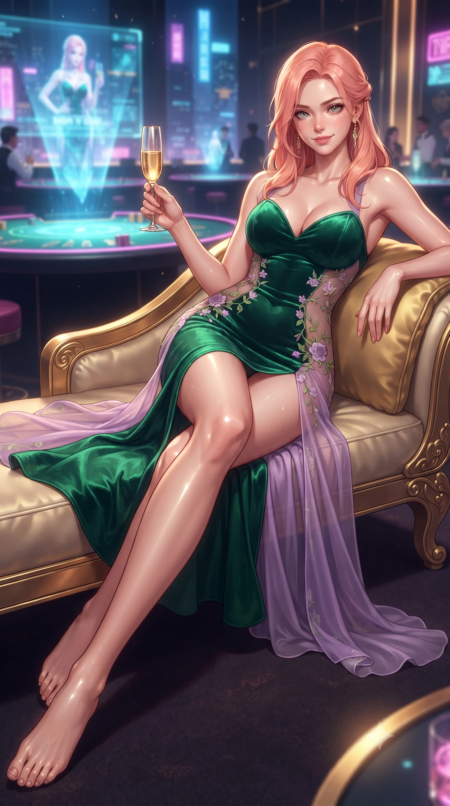 score_9, masterpiece, best quality, ultra-detailed, high-budget anime keyframe, editorial fashion photography, tasteful artistic composition, Japanese woman. low angle full-body shot from head to toe showing her feet, filling the entire 9:16 vertical frame with her statuesque presence, stretching her vertical silhouette. reclining gracefully across the plush chaise lounge with one leg extended, her sculpted silhouette and flat midriff radiating magnetic nocturnal glamour while lounging in the gold-trimmed VIP banquette propped on one elbow, holding a champagne flute with effortless sovereign gambler cool. The background shows a soft-focus high-roller cocktail tables softened in opulent cyberpunk shallow focus. She has an absolutely perfect, statuesque 8.5-heads proportion, an exceptionally tall and slender model-like female figure with impossibly long slender legs, an ultra-slim waist, a flat toned midriff, narrow delicate ribcage, and beautifully sculpted feminine hips creating a graceful, slim hourglass silhouette without any bulky heaviness. sharp v-shaped jawline, high-bridge nose, sparkling eyes with hypnotic seductive depth, thick curled eyelashes, glossy parted lips with a natural dewy peach sheen, alluring bedroom-eyes with an enchanting coquettish smile, exuding magnetic siren charisma and sophisticated glamour, flawlessly proportioned anatomical accuracy, strict slender model proportions, natural body alignment, perfectly sculpted long slender limbs, ultra-slim waistline, clean dynamic posture without body distortion. wearing a deep sweetheart-neckline velvet bodycon dress with sheer side-torso cutouts accentuating her hourglass curves in vibrant jungle monstera green and dewy orchid lavender, made of sheer gossamer chiffon that drapes softly against skin with airy translucence, finished with delicate floral vine embroidery tracing along her sweetheart neckline with intimate elegance, the second-skin tailored fabric adhering flawlessly to her sculpted flat midriff and slender torso, emphasizing her long leg lines and perfectly proportioned willowy build. illuminated by city skyline neon reflections and sharp warm-gold rim lights sculpting her razor-sharp jawline, narrow waist, and curvy hips. ultra-reflective glossy finish, specular highlights, rich textural contrasts, high-contrast stereoscopic depth, volumetric dynamic lighting, 2k, ultra detail, master piece, 9:16 ratio