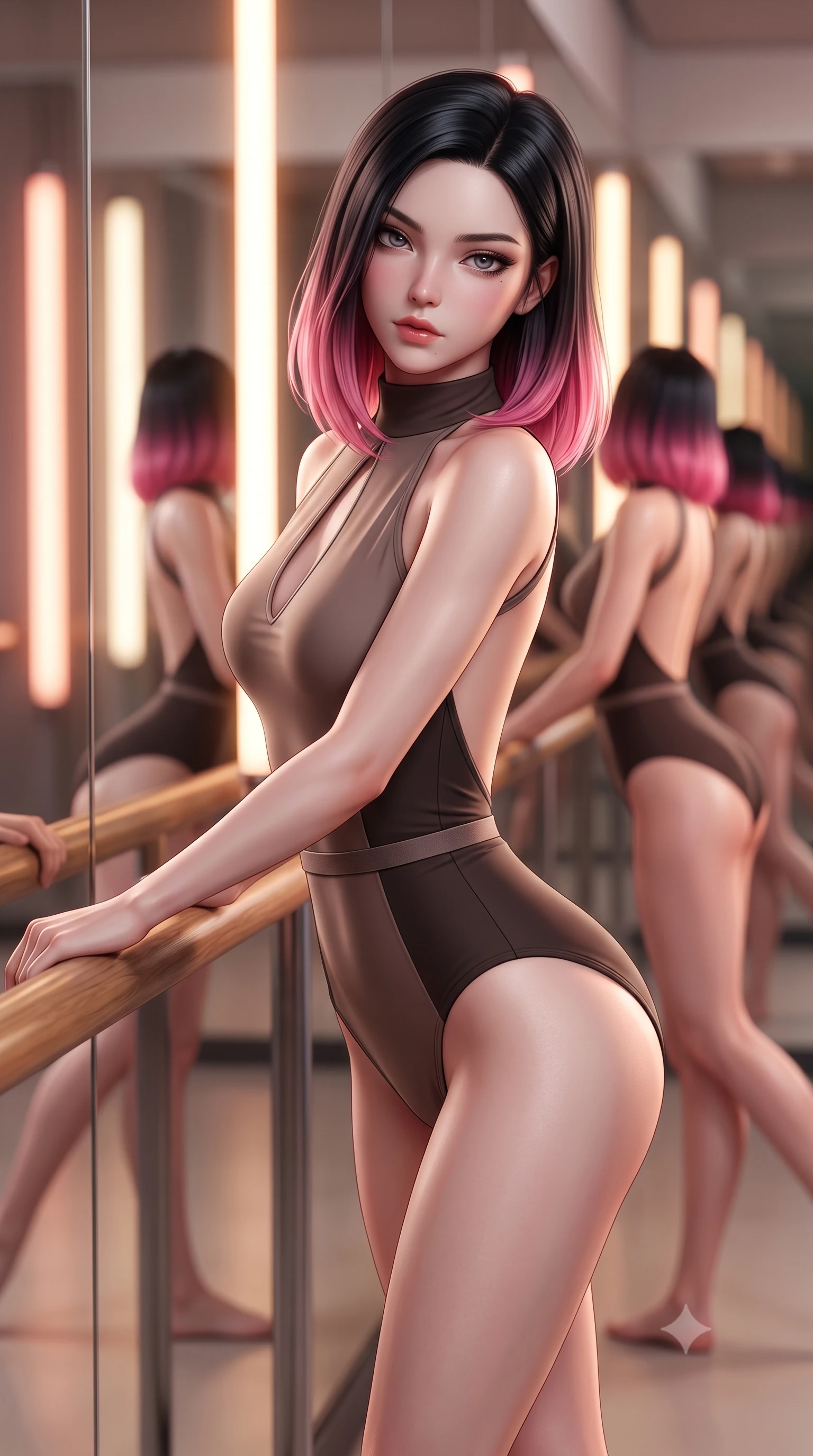 score_9, masterpiece, best quality, ultra-detailed, high-budget anime keyframe, semi-realistic 3D game render, editorial fashion photography, tasteful artistic composition, Korean woman. close-up cowboy shot from the waist and thighs up, the character dominates the composition, filling the frame with her large presence. leaning forward against the polished railing with her hips cocked back, creating an intoxicating curve from her narrow waist to sculpted hips as she gazes back into the lens while executing an elegant mid-motion arabesque turn before the mirrors, the tight fabric sculpting her feminine hip contour with statuesque precision. The composition keeps background elements in soft focus with creamy bokeh. infinite studio mirror reflections and warm vertical light tubes blurred into glowing amber, rose-gold, and ivory bokeh. She has an exceptionally elegant, slender, and willowy female figure with an ultra-slim waist, a gracefully sculpted slender torso, toned flat midriff, and rounded feminine hips creating an alluring hourglass silhouette. sharp v-shaped jawline, high-bridge nose, intricate jewel-like eyes with depth, thick eyelashes, glossy parted lips with a natural sheen, intensely captivating and seductive bedroom-eyes expression, flawlessly proportioned anatomical accuracy, strict slender model proportions, natural body alignment, perfectly sculpted long slender limbs, ultra-slim waistline, clean dynamic posture without body distortion. wearing a high-neck dance leotard with keyhole chest cutout and low-cut backline in mocha taupe and dark espresso, tailored from fluid modal jersey adhering seamlessly to her slender frame, finished with a thin elastic waist band emphasizing her ultra-slim midriff, the liquid-tight tailored fabric clinging flawlessly to her narrow waist and rounded feminine hips, emphasizing every millimeter of her sculpted hourglass curves during movement. surrounded by a disciplined, sensual, and exquisitely graceful haute-couture dancer aura. highly saturated vibrant anime colors, detailed shading with soft gradients, rich glossy textures, high-contrast stereoscopic depth, volumetric dynamic lighting, master piece, 9:16 ratio
