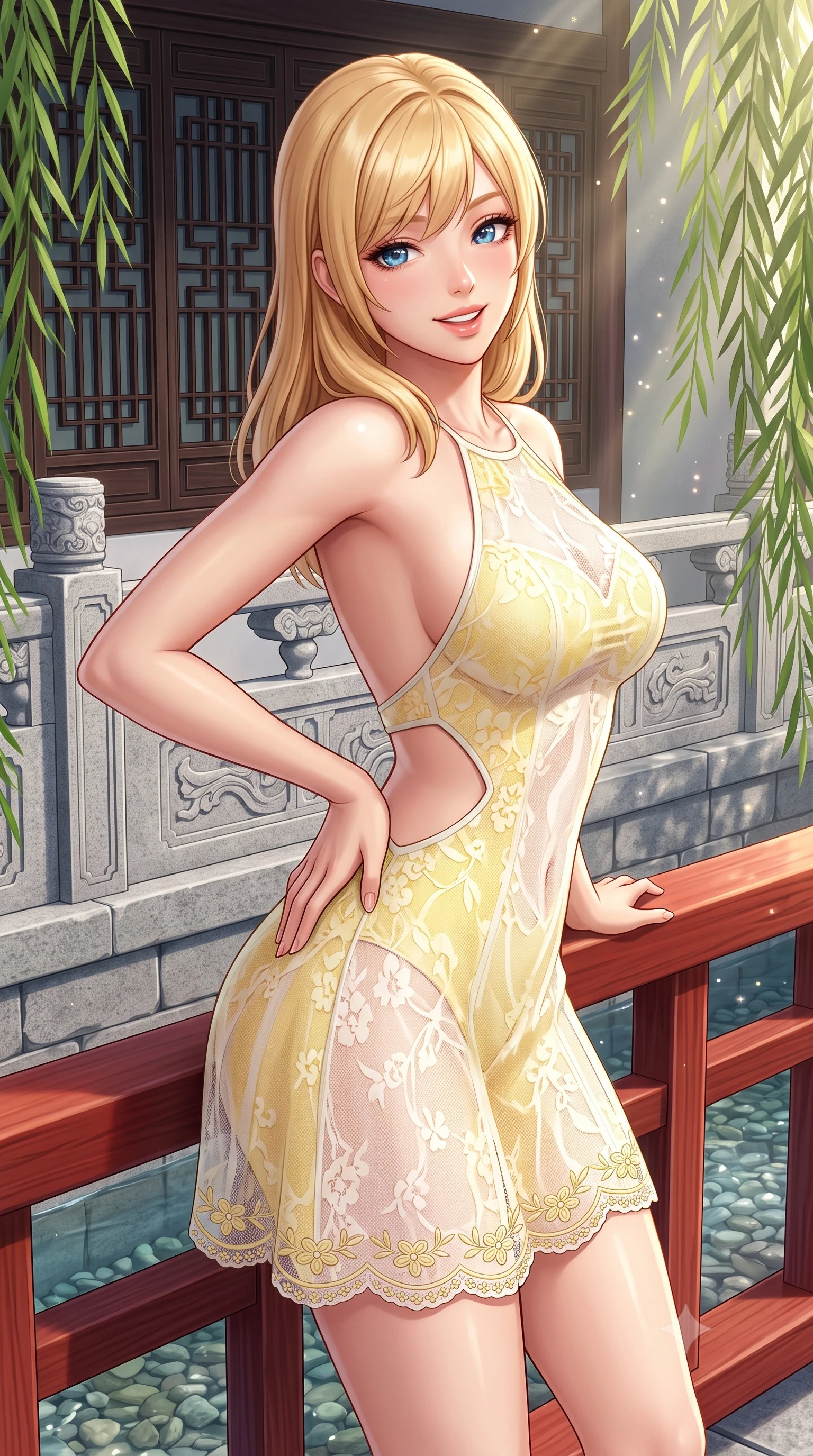 score_9, masterpiece, best quality, ultra-detailed, high-budget anime keyframe, semi-realistic 3D game render, editorial fashion photography, tasteful artistic composition, Caucasian woman. close-up cowboy shot from the waist and thighs up, the character dominates the composition, filling the frame with her large presence. twisting her slender torso in an alluring contrapposto stance, one hand resting on her sculpted hip while flashing a radiant, playful smile with parted glossy lips while leaning against the red-lacquered wooden bridge railing with hips cocked back, looking over a bare shoulder with shy yet deliciously coquettish eyes. The surrounding environment is rendered in vivid detail and crisp panoramic clarity. sharp carved granite bridge masonry, dark wooden lattice window screens, and canal pebble clarity in deep focus. She has an exceptionally elegant, slender, and willowy female figure with an ultra-slim waist, flat toned midriff, narrow ribcage, and sculpted feminine hips creating an alluring, slim hourglass silhouette without bulk. sharp v-shaped jawline, high-bridge nose, intricate jewel-like sparkling eyes with depth, thick eyelashes, glossy parted lips with a natural peach sheen, bright cheerful beaming smile with an enchanting and coquettish sensual glint, exuding both youthful cute charm and seductive allure, flawlessly proportioned anatomical accuracy, strict slender model proportions, natural body alignment, perfectly sculpted long slender limbs, ultra-slim waistline, clean dynamic posture without body distortion. wearing a backless pastel halter sundress with side-waist diamond cutouts and an ultra-fitted hip-hugging silhouette in bright butter yellow and fresh cream white, made of sheer contouring stretch lace with delicate floral patterns, complemented by delicate embroidered floral trim along the hem, the high-waisted tailoring accentuating her ultra-slim waistline and the enchanting curve of her feminine hips with alluring charm. bathed in soft, sparkling morning sunbeams filtering through willow fronds onto the canal. highly saturated vibrant anime colors, detailed shading with soft gradients, rich glossy textures, high-contrast stereoscopic depth, volumetric dynamic lighting, master piece, 9:16 ratio