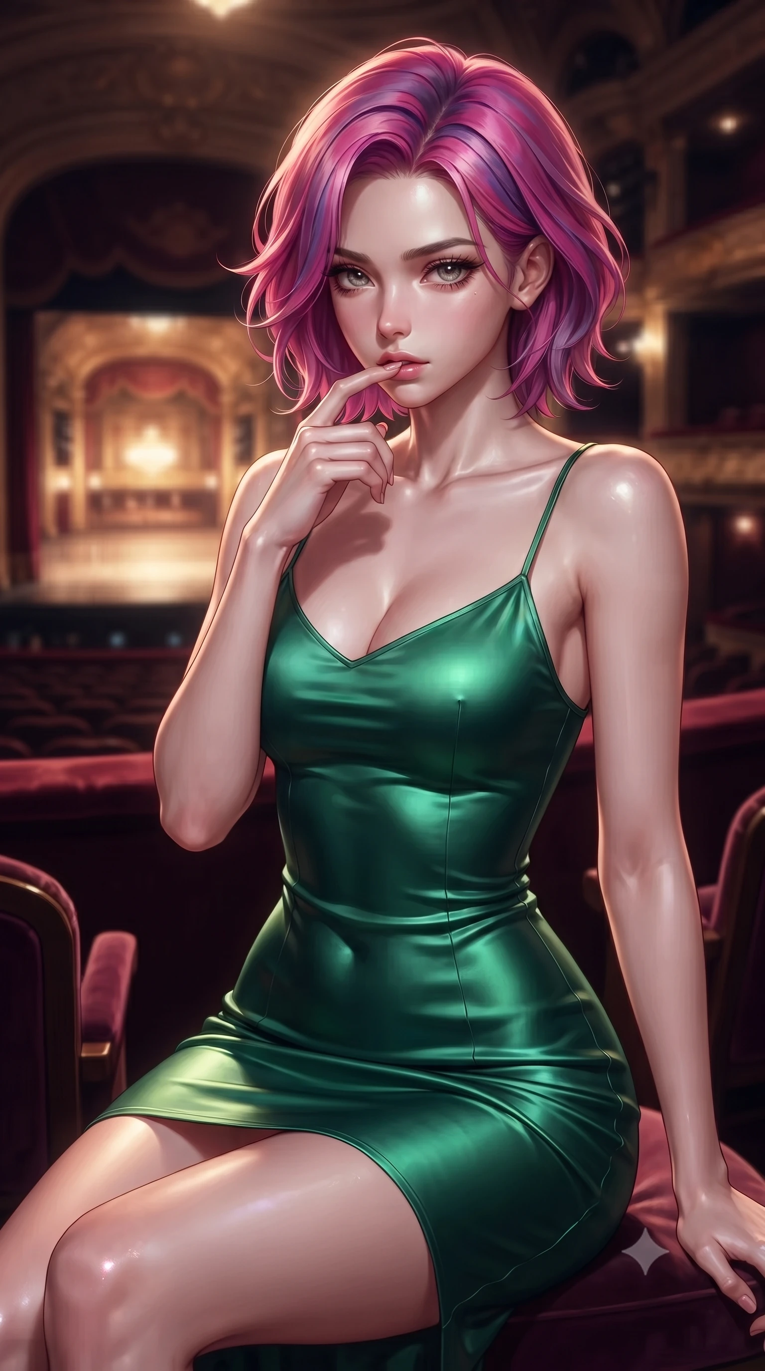 score_9, masterpiece, best quality, ultra-detailed, high-budget anime keyframe, editorial fashion photography, tasteful artistic composition, Caucasian woman. close-up cowboy shot from the waist and thighs up, the character dominates the composition, filling the frame with her large presence, background elements kept in soft focus. pressing one finger to her bottom lip in a thoughtful, seductive gesture under the warm sun the background shows a soft-focus an intimate opera box suite with plush velvet seats and a view of the glowing stage. She has an exceptionally elegant, slender, and willowy female figure with an ultra-slim waist, a gracefully sculpted slender torso, and a refined silhouette. sharp v-shaped jawline, high-bridge nose, intricate jewel-like eyes with depth, thick eyelashes, glossy lips with a natural sheen. wearing a tailored form-contouring emerald green silk slip dress that hugs her slender waist and hips. dramatic theater stage lights casting a bright key light and deep shadows on her silhouette. ultra-reflective glossy finish, specular highlights, metallic sheen, high-contrast stereoscopic depth, volumetric dynamic lighting, 2k, ultra detail, master piece, 9:16 ratio