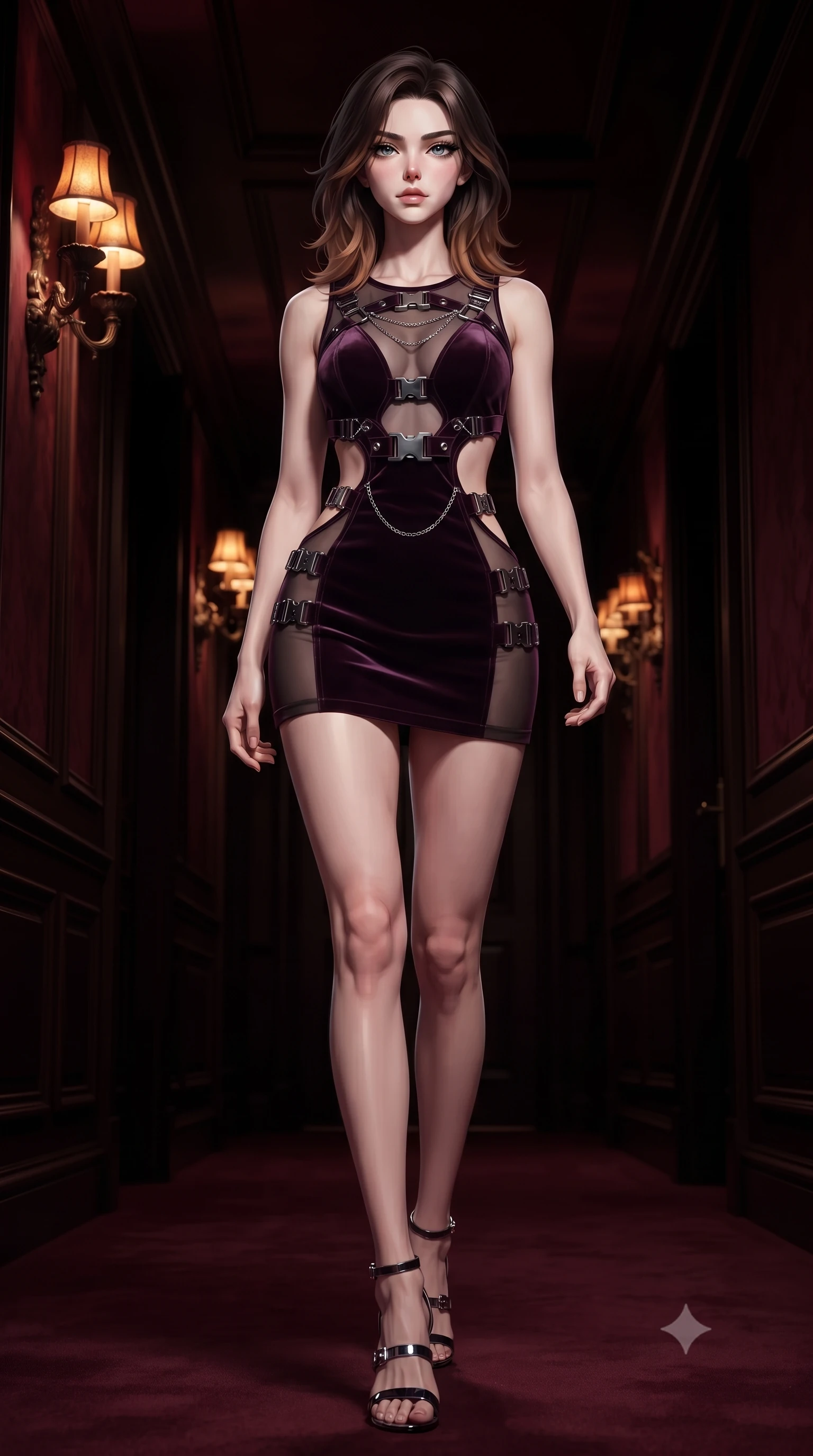 score_9, masterpiece, best quality, ultra-detailed, high-budget anime keyframe, editorial fashion photography, tasteful artistic composition, Korean woman. low angle full-body shot from head to toe showing her feet, filling the entire 9:16 vertical frame with her statuesque presence, stretching her vertical silhouette. navigating the midnight sanctuary with an effortless, graceful stride, walking down a dark mahogany opera corridor illuminated by dim amber sconces, subtle amber wall sconce glow casting warm edge lighting. She has an absolutely perfect, statuesque 8.5-heads proportion, an exceptionally tall and slender model-like female figure with impossibly long slender legs and an ultra-slim waist. sharp v-shaped jawline, high-bridge nose, intricate jewel-like eyes with depth, thick eyelashes, glossy lips with a natural sheen. wearing dramatic open-waist cutout mini dress in dark velvet framed by chrome hardware in dark plum violet, made of sheer dark organza overlay, framed by dark titanium buckles and silver chain details, contouring every curve with an exceptionally elegant silhouette. bathed in rich dark crimson velvet tones and high-contrast pitch-black shadows. highly saturated vibrant anime colors, detailed shading with soft gradients, rich glossy textures, high-contrast stereoscopic depth, volumetric dynamic lighting, master piece, 9:16 ratio