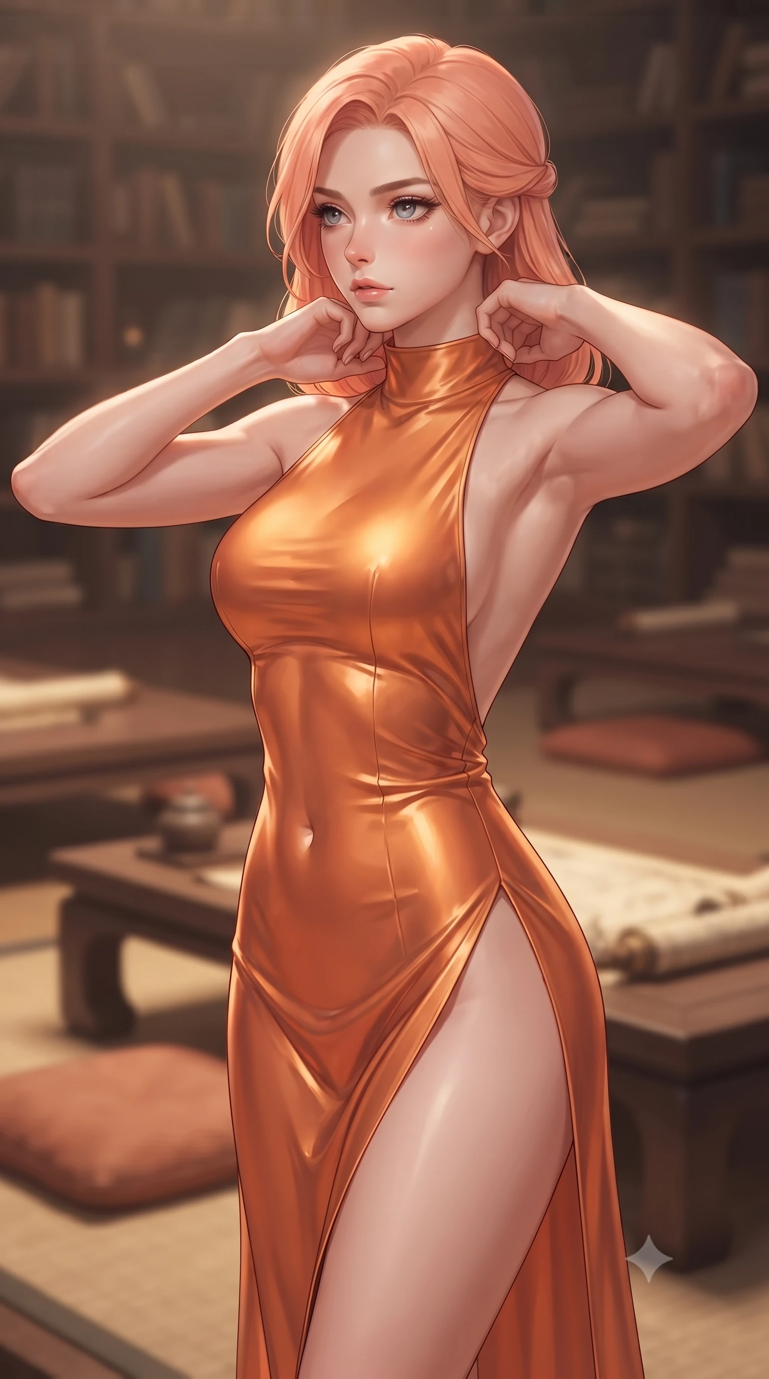 score_9, masterpiece, best quality, ultra-detailed, high-budget anime keyframe, editorial fashion photography, tasteful artistic composition, Japanese woman. close-up cowboy shot from the waist and thighs up, the character dominates the composition, filling the frame with her large presence, background elements kept in soft focus. adjusting the high collar of her body-hugging suit, looking past the camera with quiet, sharp focus and a composed expression, the background shows a soft-focus a fossil sanctuary library with low tables, cushions, and scrolls in soft focus. She has an exceptionally elegant, slender, and willowy female figure with an ultra-slim waist, a gracefully sculpted slender torso, and a refined silhouette. sharp v-shaped jawline, high-bridge nose, intricate jewel-like eyes with depth, thick eyelashes, glossy lips with a natural sheen. wearing a form-contouring high-slit space combat gown in sunset orange chiffon, featuring a daring thigh-slit and an open-back design. soft warm reading lights creating a quiet, focused, and meditative mood. ultra-reflective glossy finish, specular highlights, metallic sheen, high-contrast stereoscopic depth, volumetric dynamic lighting, 2k, ultra detail, master piece, 9:16 ratio