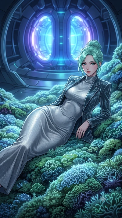 score_9, masterpiece, best quality, ultra-detailed, High-budget Anime Keyframe, East Asian woman. Low angle cowboy shot filling the entire 9:16 frame with her statuesque presence. Scenario 464: lying gracefully on a bed of bioluminescent moss inside 