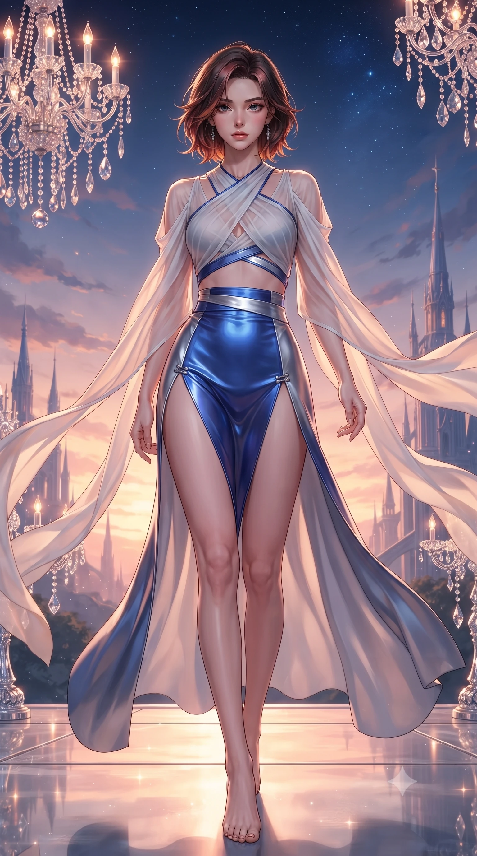 score_9, masterpiece, best quality, ultra-detailed, high-budget anime keyframe, editorial fashion photography, tasteful artistic composition, Korean woman. low angle full-body shot from head to toe showing her feet, filling the entire 9:16 vertical frame with her statuesque presence, stretching her vertical silhouette. striding forward in a proud, statuesque motion with a dangerous smolder, her vertical silhouette dominating the frame from head to toe while stretching her slender torso in an alluring back-arch as high-altitude breezes flutter her silk drapes against the sunset. The surrounding environment is rendered in vivid detail and crisp panoramic clarity. intricate crystal chandelier prisms, distant celestial palace spires, and twilight sky stars in high clarity. She has an absolutely perfect, statuesque 8.5-heads proportion, an exceptionally tall and slender model-like female figure with impossibly long slender legs, a toned flat midriff, and an ultra-slim waist. sharp v-shaped jawline, high-bridge nose, intricate jewel-like eyes with depth, thick eyelashes, glossy lips with a natural sheen, flawlessly proportioned anatomical accuracy, strict slender model proportions, natural body alignment, perfectly sculpted long slender limbs, ultra-slim waistline, clean dynamic posture without body distortion. wearing a shortened cyber-fusion wrap top with transparent chiffon panels, a deep crossover neckline, and a high-waisted metallic sash that accentuates her ultra-slim waist in liquid electric cobalt blue and polished silver, made of liquid metal jersey that clings flawlessly to every contour of her build, finished with an ultra-high side slit secured by miniature magnetic clasps, the precision-cut daring openings accentuating her delicate midriff, graceful bare collarbones, and ultra-slim feminine waistline. bathed in glorious golden-pink twilight sunbeams and warm chandelier candlelight glow. ultra-reflective glossy finish, specular highlights, metallic sheen, high-contrast stereoscopic depth, volumetric dynamic lighting, 2k, ultra detail, master piece, 9:16 ratio