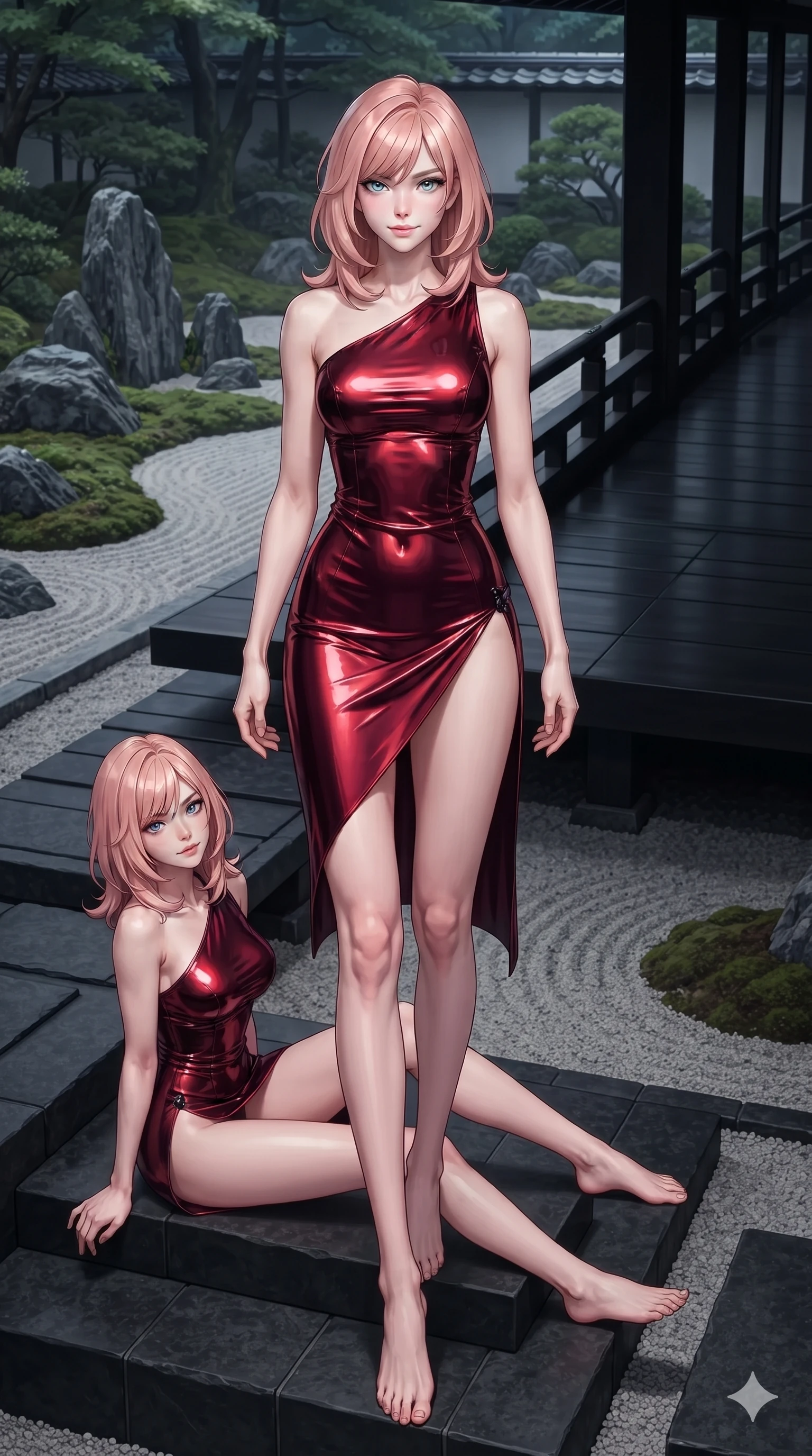 score_9, masterpiece, best quality, ultra-detailed, high-budget anime keyframe, editorial fashion photography, tasteful artistic composition, Japanese woman. low angle full-body shot from head to toe showing her feet, filling the entire 9:16 vertical frame with her statuesque presence, stretching her vertical silhouette. sitting poised on the dark stone steps with one knee bent, arching her spine with supermodel elegance as she glances upward through thick eyelashes while walking slowly along the raised black timber walkway with hypnotic grace, hips swaying in an alluring sensual rhythm. The surrounding environment is rendered in vivid detail and crisp panoramic clarity: detailed liquid mercury metallic gown tailoring, hip-high side slit, and traditional Japanese garden craft in razor-sharp precision. She has an absolutely perfect, statuesque 8.5-heads proportion, an exceptionally tall and slender model-like female figure with impossibly long slender legs, an ultra-slim waist, a flat toned midriff, narrow delicate ribcage, and beautifully sculpted feminine hips creating a graceful, slim hourglass silhouette without any bulky heaviness. sharp v-shaped jawline, high-bridge nose, intricate jewel-like dark sparkling eyes with hypnotic seductive depth, thick curled eyelashes, glossy parted lips with a natural wine sheen, alluring bedroom-eyes with an enigmatic smoldering smile, exuding magnetic sovereign charisma and dark avant-garde glamour, flawlessly proportioned anatomical accuracy, strict slender model proportions, natural body alignment, perfectly sculpted long slender limbs, ultra-slim waistline, clean dynamic posture without body distortion. wearing an asymmetric one-shoulder metallic patent leather mini dress with a dramatic side slit hugging her hips in crimson laser red and cold midnight shadow tones, made of liquid dark mercury jersey with seamless sculpting hold and fluid drape, adorned with minimalist black onyx hardware framing the silhouette, the bespoke structured tailoring following the natural line of her 8.5-heads silhouette with refined elegance. illuminated by moonlit sand ripple bounce and sharp silver-topaz rim lights defining her razor-sharp jawline, narrow waist, and curvy hips. ultra-reflective glossy finish, specular highlights, metallic sheen, high-contrast stereoscopic depth, volumetric dynamic lighting, 2k, ultra detail, master piece, 9:16 ratio