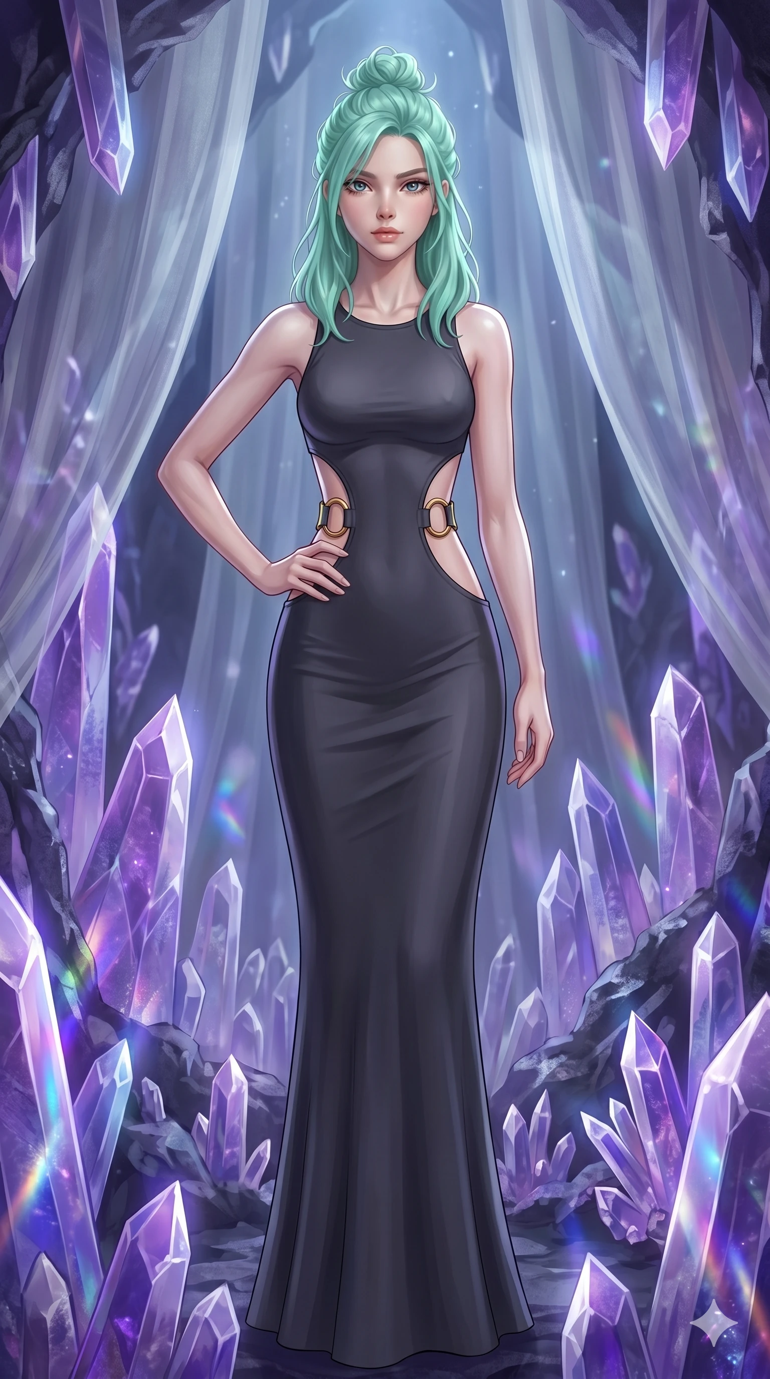 score_9, masterpiece, best quality, ultra-detailed, high-budget anime keyframe, editorial fashion photography, tasteful artistic composition, Caucasian woman, strictly human ears. cowboy shot from the thighs up, character and outfit filling the frame for maximum editorial presence. Holding a confident power pose with one hand on her hip inside a crystalline geode cavern lined with towering amethyst spires casting violet prismatic light. She has an absolutely perfect 8-heads proportion, an exceptionally tall and slender female figure with impossibly long slender legs and an ultra-slim waist. V-shaped jawline, high-bridge nose, intricate jewel-like eyes with depth, thick eyelashes, glossy lips with a natural sheen. wearing a dark charcoal fitted floor-length gown with dramatic curved architectural cutouts at the sides of the torso framed by gold ring hardware, emphasizing the ultra-slim waist. bathed in cold silver moonlight filtered through translucent gossamer curtains casting soft shadows on her curves. 2k, ultra detail, master piece, 9:16 ratio