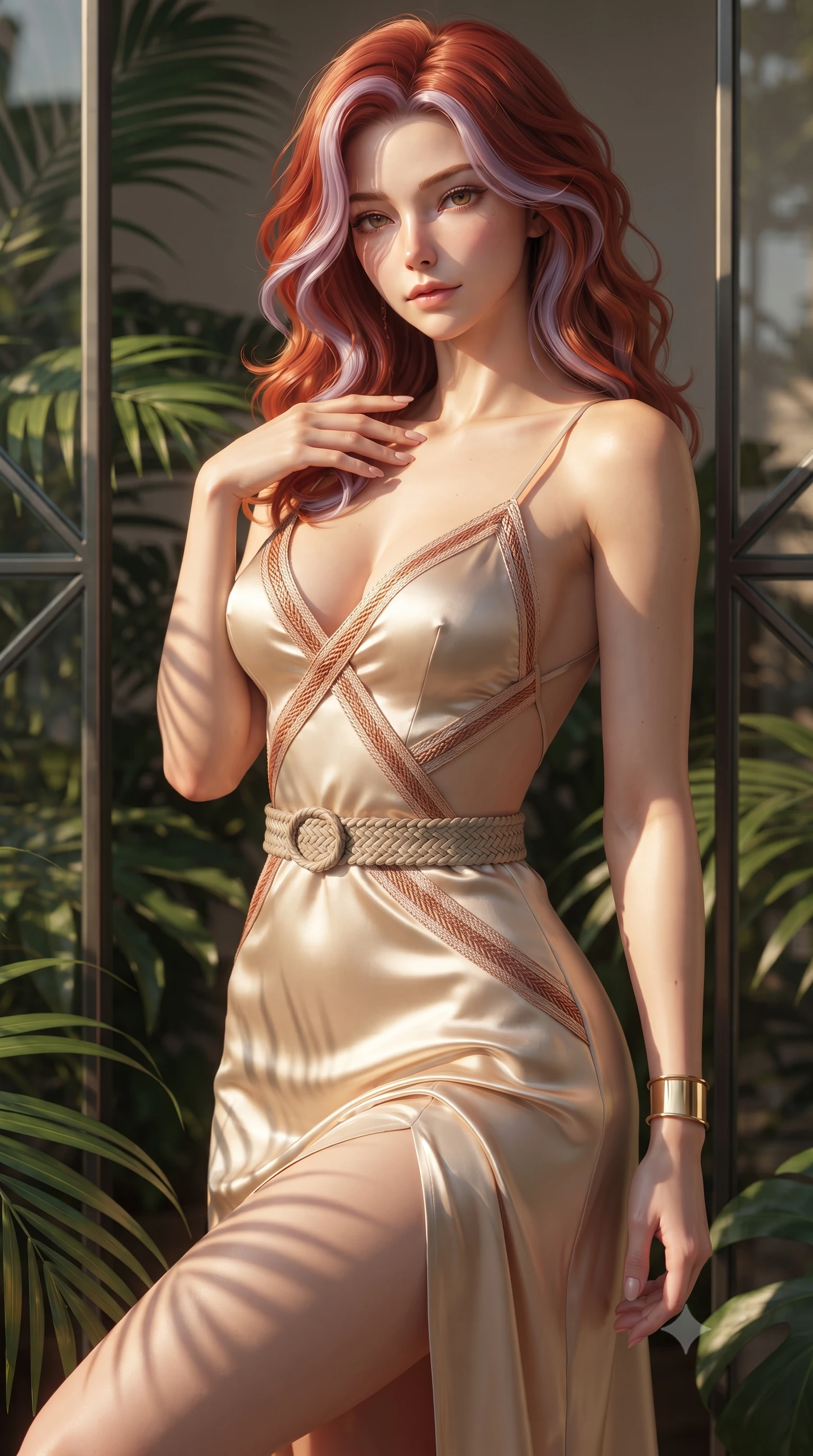 score_9, masterpiece, best quality, ultra-detailed, high-budget anime keyframe, editorial fashion photography, tasteful artistic composition, Caucasian woman. close-up cowboy shot from the waist and thighs up, the character dominates the composition, filling the frame with her large presence. resting one manicured hand delicately on her bare collarbone, her upper body twisting in a fluid, voluptuous yet slender curve while stretching languidly as golden afternoon sunlight warms her bare shoulders, gazing into the lens with relaxed sensuality. The surrounding environment is rendered in vivid detail and crisp panoramic clarity. sharp tropical leaf venation, geometric glass frame joints, and polished porcelain textures in deep focus. She has an exceptionally elegant, slender, and willowy female figure with an ultra-slim waist, a gracefully sculpted slender torso, toned flat midriff, and a refined slim silhouette. sharp v-shaped jawline, high-bridge nose, intricate jewel-like eyes with depth, thick eyelashes, glossy parted lips with a natural sheen, intensely captivating and seductive expression, flawlessly proportioned anatomical accuracy, strict slender model proportions, natural body alignment, perfectly sculpted long slender limbs, ultra-slim waistline, clean dynamic posture without body distortion. wearing a radiant champagne silk slip dress with an ultra-deep plunging back and delicate thin straps in light terracotta and metallic copper accents, woven from sheer cascading chiffon that flutters with every step, accessorized with a woven botanical belt and minimalist gold ankle cuff, the precision-cut architectural openings accentuating her delicate midriff, graceful bare collarbones, and feminine curves with statuesque precision. illuminated by organic stencil shadows from tropical leaves tracing her sculpted torso and legs. ultra-reflective glossy finish, specular highlights, rich textural contrasts, high-contrast stereoscopic depth, volumetric dynamic lighting, 2k, ultra detail, master piece, 9:16 ratio