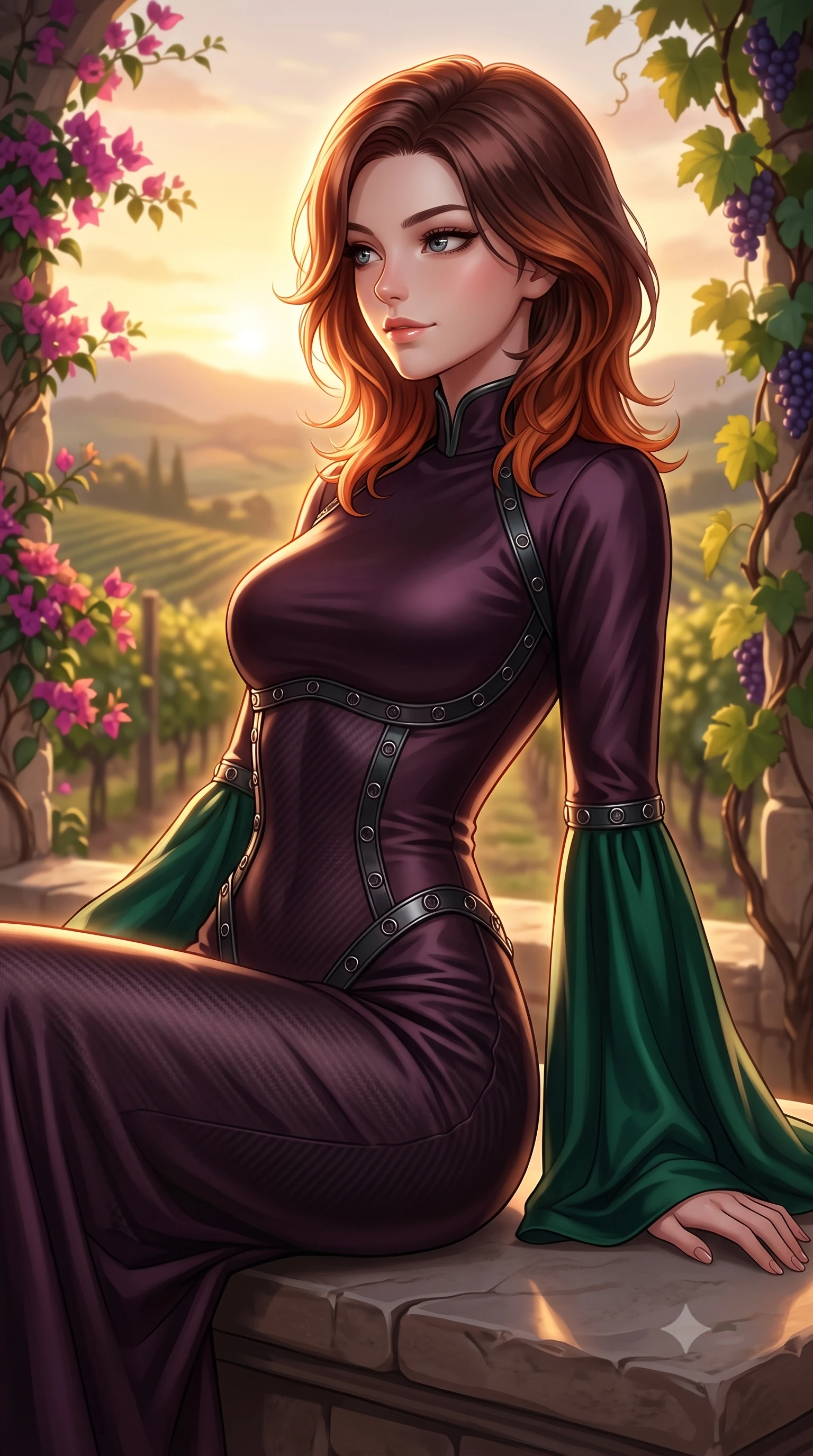 score_9, masterpiece, best quality, ultra-detailed, high-budget anime keyframe, editorial fashion photography, tasteful artistic composition, Korean woman. close-up cowboy shot from the waist and thighs up, the character dominates the composition, filling the frame with her large presence, background elements kept in soft focus. Glancing sidelong over her shoulder with a smoldering, enigmatic half-smile, lounging on a stone bench surrounded by climbing bougainvillea and grapevines, rolling vineyard hills fading into a warm hazy sunset horizon in soft focus. She has an exceptionally elegant, slender, and willowy female figure with an ultra-slim waist, a gracefully sculpted slender torso, and a refined silhouette. sharp v-shaped jawline, high-bridge nose, intricate jewel-like eyes with depth, thick eyelashes, glossy lips with a natural sheen. wearing gothic high-collar dark plum silk evening gown with bell sleeves in deep emerald green, made of matte carbon-fiber weave, trimmed with dark chrome ring hardware along the waist contours, accentuating her gracefully sculpted slender torso. surrounded by a radiant sunset ambiance with bright golden rim lights. highly saturated vibrant anime colors, detailed shading with soft gradients, rich glossy textures, high-contrast stereoscopic depth, volumetric dynamic lighting, master piece, 9:16 ratio