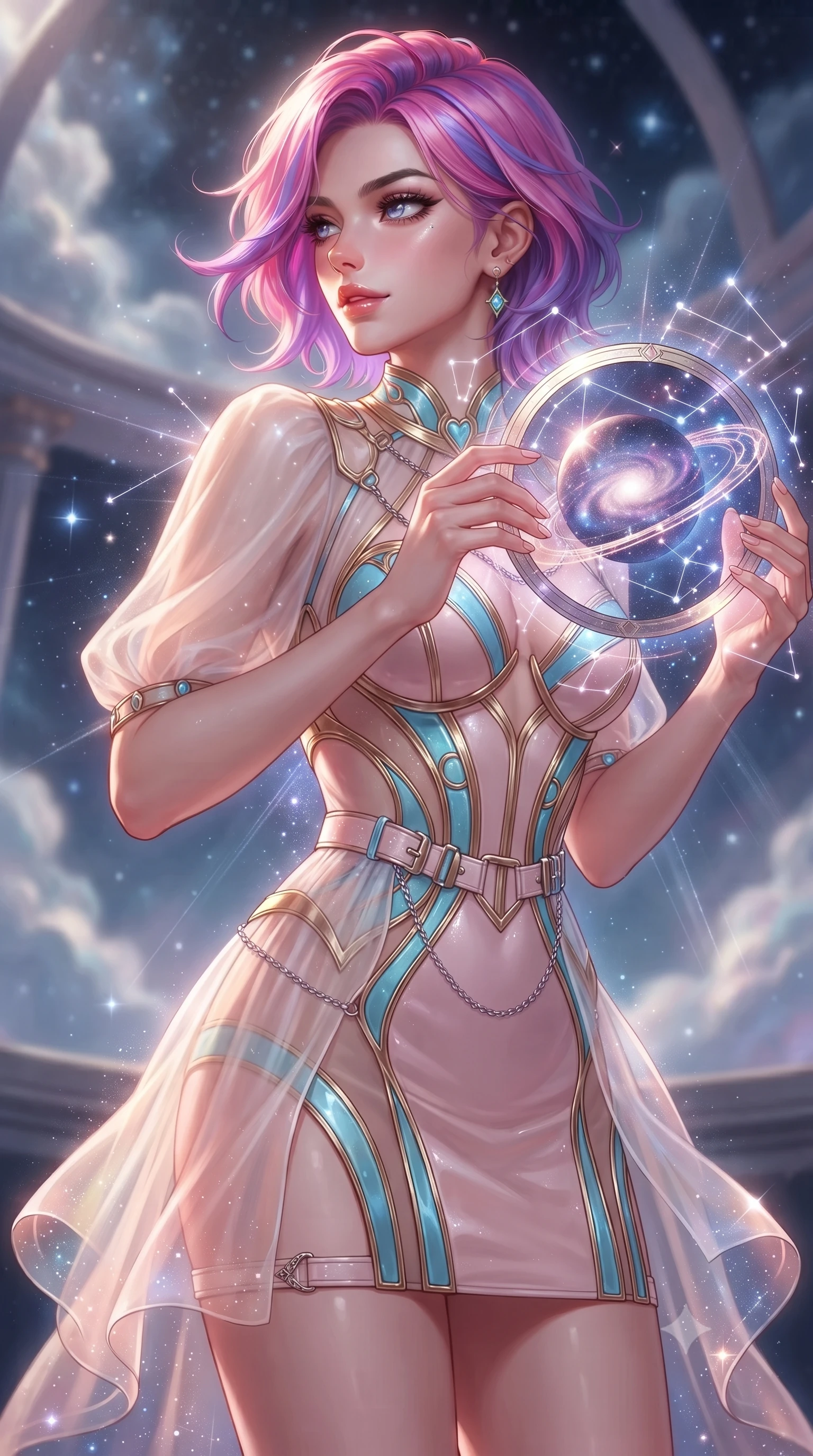 score_9, masterpiece, best quality, ultra-detailed, high-budget anime keyframe, editorial fashion photography, tasteful artistic composition, Caucasian woman. close-up cowboy shot from the waist and thighs up, the character dominates the composition, filling the frame with her large presence, background elements kept in soft focus. Glancing sidelong over her shoulder with a smoldering half-smile, adjusting a luminous planetary orbital dial filled with galaxy dust, glowing constellation lines tracing intricate patterns nearby. She has an exceptionally elegant, slender, and willowy female figure with an ultra-slim waist, a gracefully sculpted slender torso, and a refined silhouette. sharp v-shaped jawline, high-bridge nose, intricate jewel-like eyes with depth, thick eyelashes, glossy lips with a natural sheen. wearing architectural cut-out pale pink leather mini dress with sculpted gold boning in sky blue turquoise, made of sheer opal chiffon overlay, framed by polished silver buckles and delicate chain details, sculpting her athletic slender build with refined precision. surrounded by a glowing aura of starlight and shimmering celestial rays. highly saturated vibrant anime colors, detailed shading with soft gradients, rich glossy textures, high-contrast stereoscopic depth, volumetric dynamic lighting, master piece, 9:16 ratio