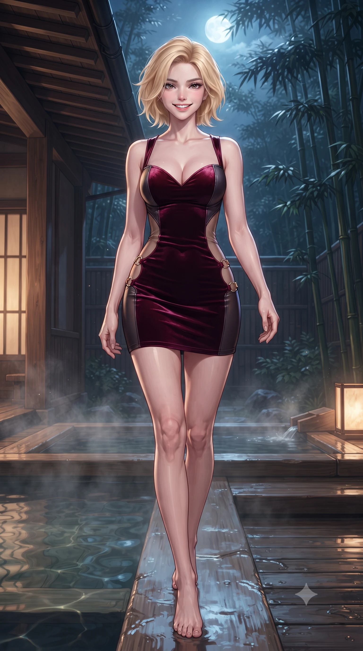 score_9, masterpiece, best quality, ultra-detailed, high-budget anime keyframe, editorial fashion photography, tasteful artistic composition, Caucasian woman. low angle full-body shot from head to toe showing her feet, filling the entire 9:16 vertical frame with her statuesque presence, stretching her vertical silhouette. stepping forward in a confident stride, her long slender legs and curvaceous hips creating a dynamic, sweeping vertical line while standing poised on the edge of the steaming fragrant cypress hinoki bath, arching her spine with wet-look siren grace under the moonlit bamboo. The surrounding environment is rendered in vivid detail and crisp panoramic clarity: detailed backless silk robe dress cling slipping off shoulders, obi belt texture, and master ryokan woodcraft in razor-sharp precision. She has an exceptionally tall and slender model-like 8.5-heads proportion, an ultra-slim waist, a flat toned midriff, narrow delicate ribcage, and beautifully sculpted feminine hips creating a graceful, slim hourglass silhouette without any bulky heaviness, with impossibly long slender legs. sharp v-shaped jawline, high-bridge nose, intricate jewel-like sparkling eyes with depth, thick eyelashes, glossy parted lips with a natural peach sheen, bright cheerful beaming smile with an enchanting and coquettish sensual glint, exuding both youthful cute charm and seductive allure, flawlessly proportioned anatomical accuracy, strict slender model proportions, natural body alignment, perfectly sculpted long slender limbs, ultra-slim waistline, clean dynamic posture without body distortion. wearing a deep sweetheart-neckline velvet bodycon mini dress with sheer side-torso cutouts accentuating her hourglass curves in rich ruby crimson and dark brushed titanium, woven from stretch shimmer crepe adhering with glove-like precision, finished with fine gold ring clasps securing the daring side openings along her hip line, the glove-like clinging cut tightly following the natural contour of her hips and long slender legs with youthful 8.5-heads elegance. illuminated by thermal pool surface caustics and sharp pearlescent rim lights sculpting her razor-sharp jawline, narrow waist, and curvy hips. ultra-reflective glossy finish, specular highlights, rich textural contrasts, high-contrast stereoscopic depth, volumetric dynamic lighting, 2k, ultra detail, master piece, 9:16 ratio
