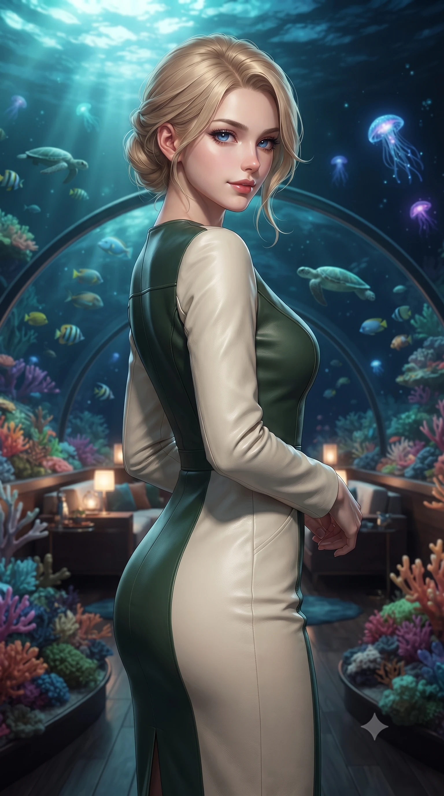 score_9, masterpiece, best quality, ultra-detailed, high-budget anime keyframe, editorial fashion photography, tasteful artistic composition, Japanese woman. close-up cowboy shot from the waist and thighs up, the character dominates the composition, filling the frame with her large presence, background elements kept in soft focus. Glancing sidelong over her shoulder with a smoldering half-smile. set against a soft-focus background of inside a transparent dome lounge resting on the ocean floor with colorful coral reef gardens surrounding it tropical fish and sea turtles gliding past the curved glass walls and bioluminescent creatures pulsing in the deep. She has an exceptionally elegant and slender, willowy female figure with an ultra-slim waist, a gracefully sculpted slender torso, and a refined slim physique. sharp v-shaped jawline, high-bridge nose, intricate jewel-like eyes with depth, thick eyelashes, glossy lips with a natural sheen. wearing a fitted pencil dress in color-blocked forest green and cream leather, contouring her athletic, slender build. filtered blue-green ocean light from above with bioluminescent creatures providing accent glows in blue and green and warm interior lounge lighting creating an intimate contrast. 2k, ultra detail, master piece, 9:16 ratio