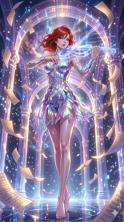 score_9, masterpiece, best quality, ultra-detailed, Set A: High-budget Anime Keyframe, Japanese woman. Low angle cowboy shot filling the entire 9:16 frame with her statuesque presence. Theme: Abstract Cosmic. playing a holographic violin in a temple 